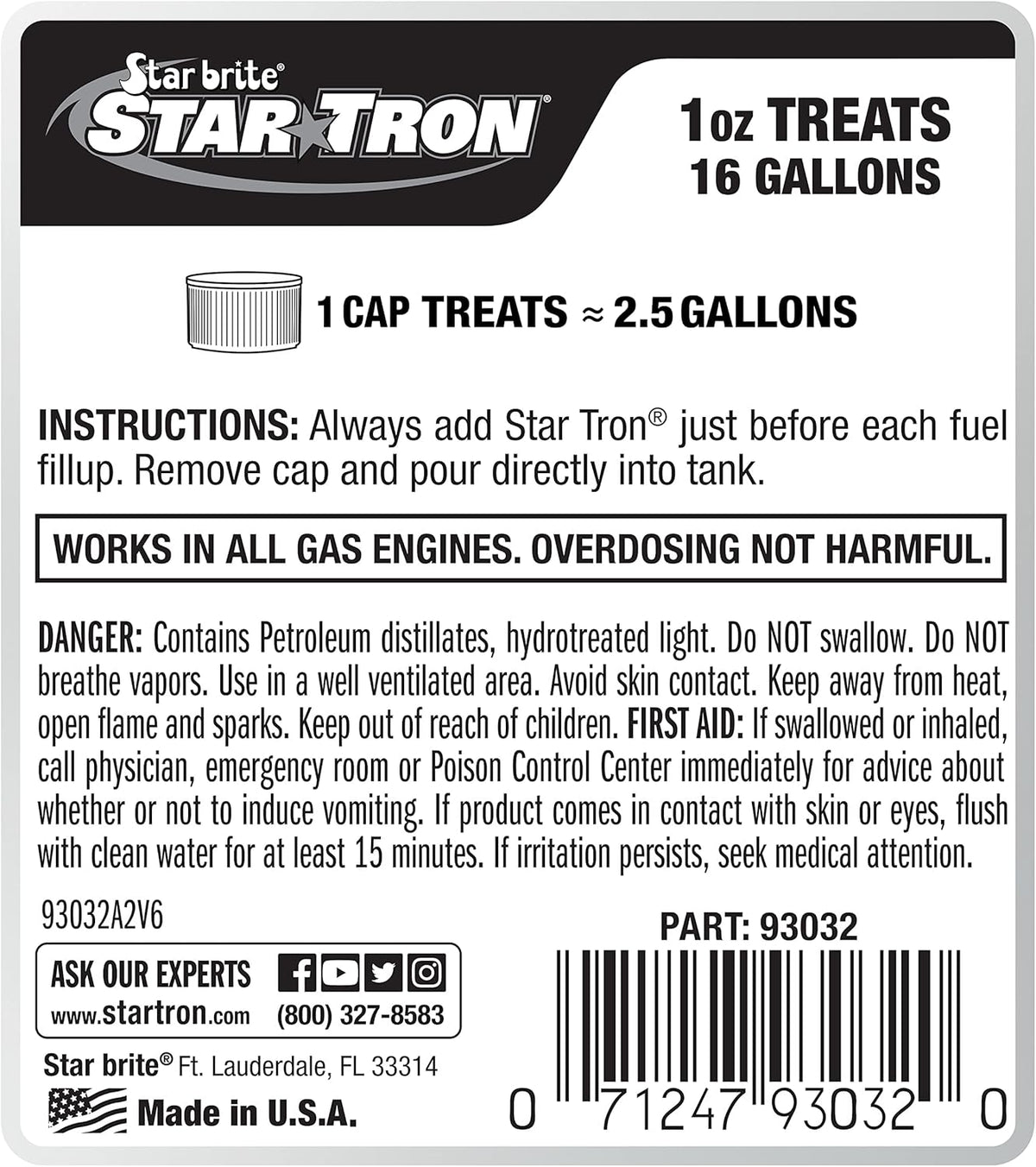 STAR BRITE Star Tron Enzyme Fuel Treatment - Concentrated Formula 32 Fl. Oz. – Treats up to 512 Gallons - Fuel Stabilizer & Treatment, Gasoline Stabilizer, Star Tron Marine Enzyme Fuel Treatment