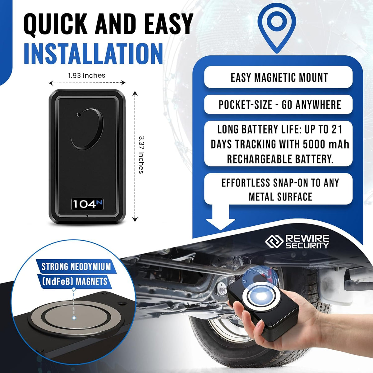 REWIRE SECURITY 104N 4G Magnetic GPS Tracker for Vehicle | Easy Mount | Fits with Car, Truck, Van & Motorbike | Portable Live Tracking | Up to 21-Day Battery Life | Low Cost Subscription Plans