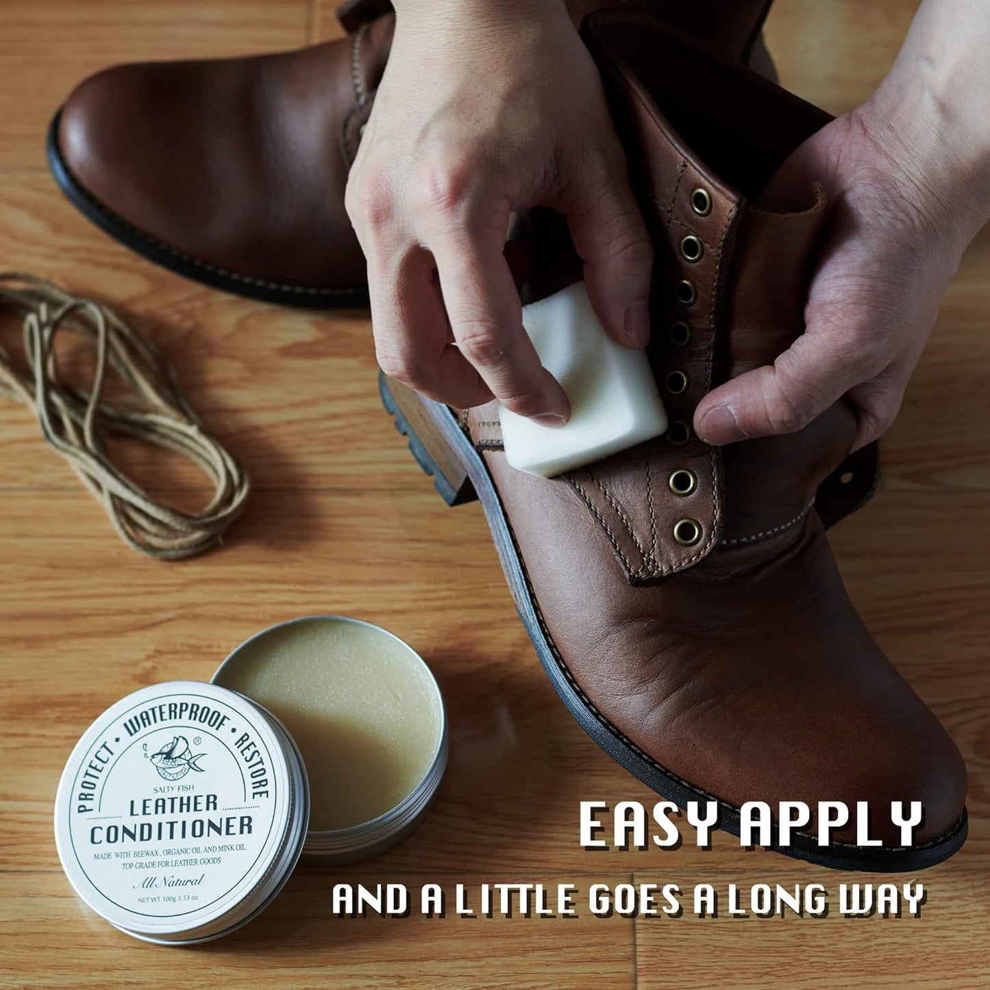 SALTY FISH All-Natural Leather Conditioner and Cleaner,Made with Mink Oil Beeswax,Protect Soften Waterproof Leather Furniture,Car Seats,Shoes,Boots,Bags (3.53 Oz with Sponge)