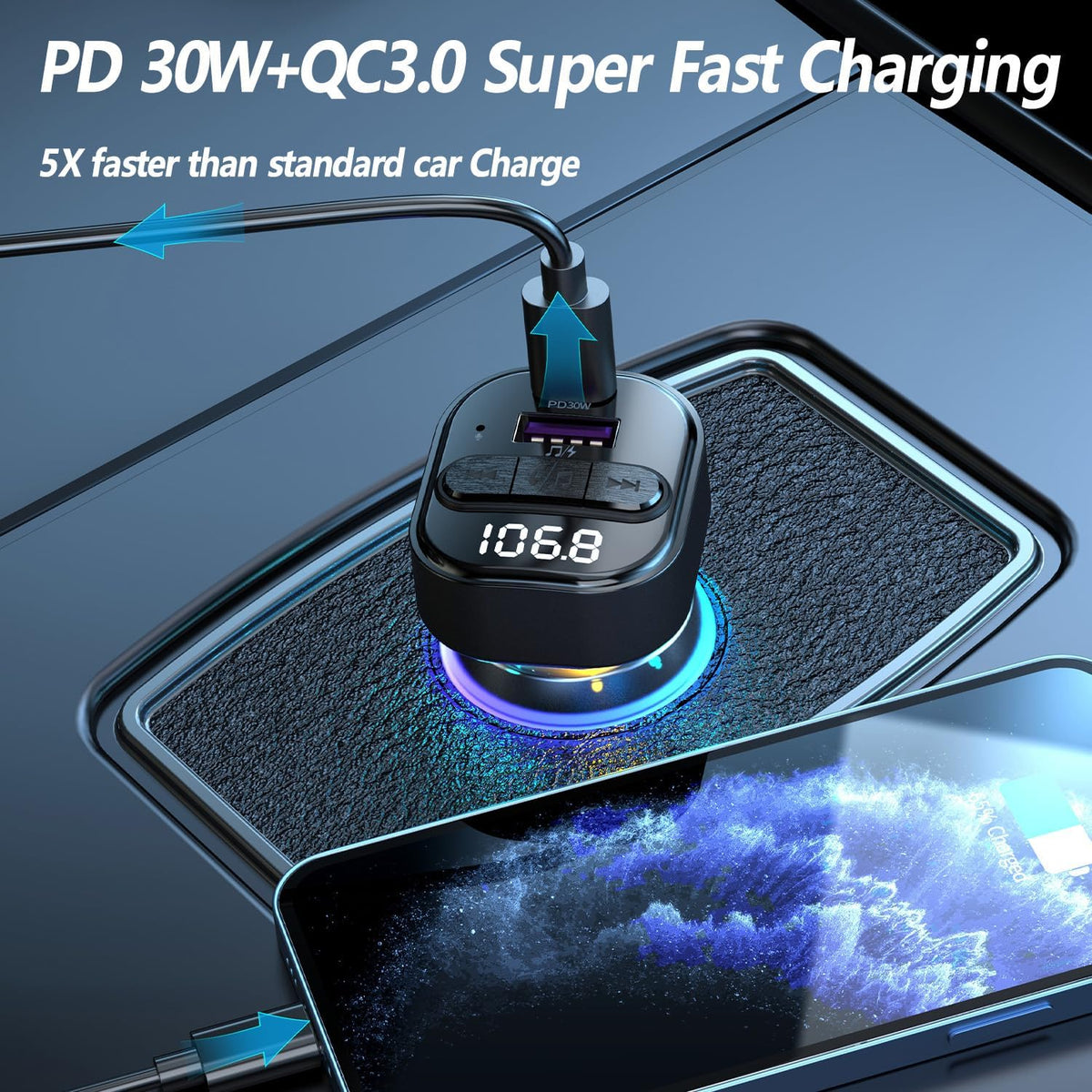 Bluetooth 5.3 FM Transmitter for Car, Bluetooth Car Adapter with Type-C PD(30W) Charger and QC3.0 USB Port, Wireless FM Radio Transmitter, Support MP3 Player, Handsfree Calling, LED Backlit,U Disk