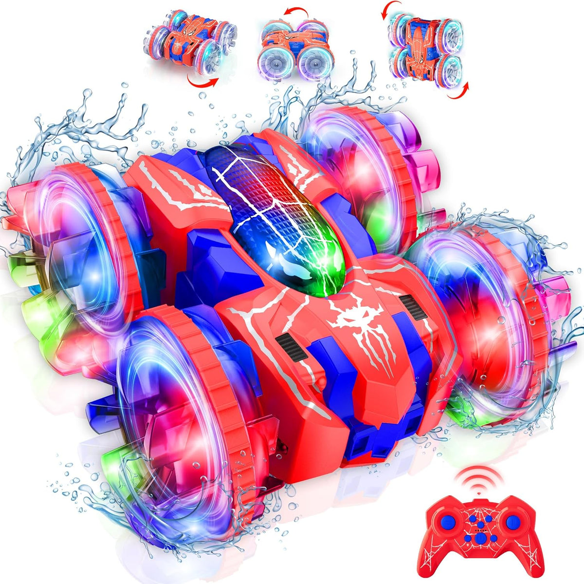 ZIZZ Amphibious Remote Control Car: 4WD Waterproof RC Car 2.4 GHz Remote Control Boat for Kid, Spider Double Sided 360° Rotating RC Stunt with LED Light, Boy Girl Gift All Terrain Water Beach Pool Toy