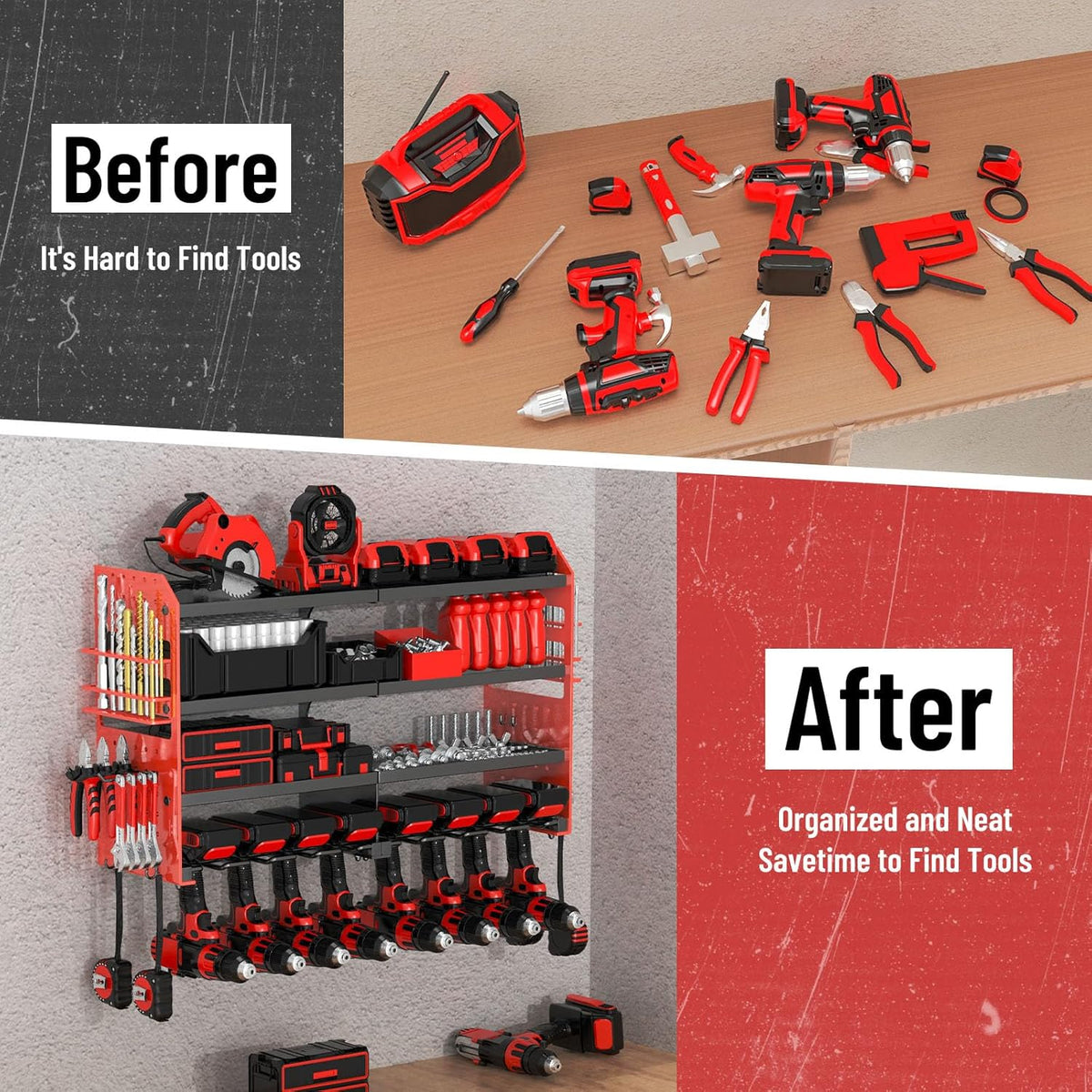 Metal Power Tool Organizer Rack Wall Mount, Garage Tool Drill Storage Shelves with Screwdriver Plier Holder (Red, 8 Drills Holder)