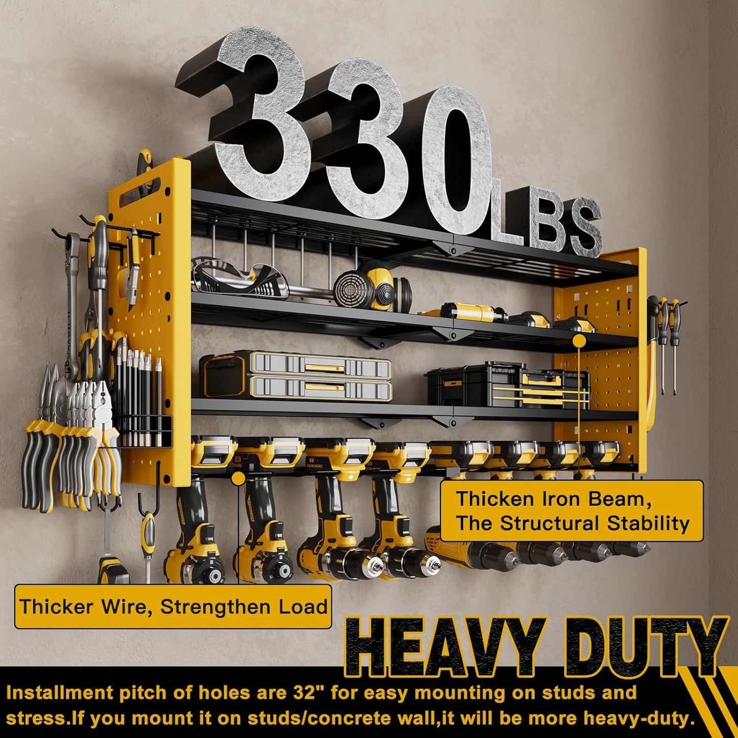 Power Tool Organizer Wall Mount,Cordless Drill Organizer,4 Layers Large Capacity Tool Rack with 8 Drill Holders(YELLOW)