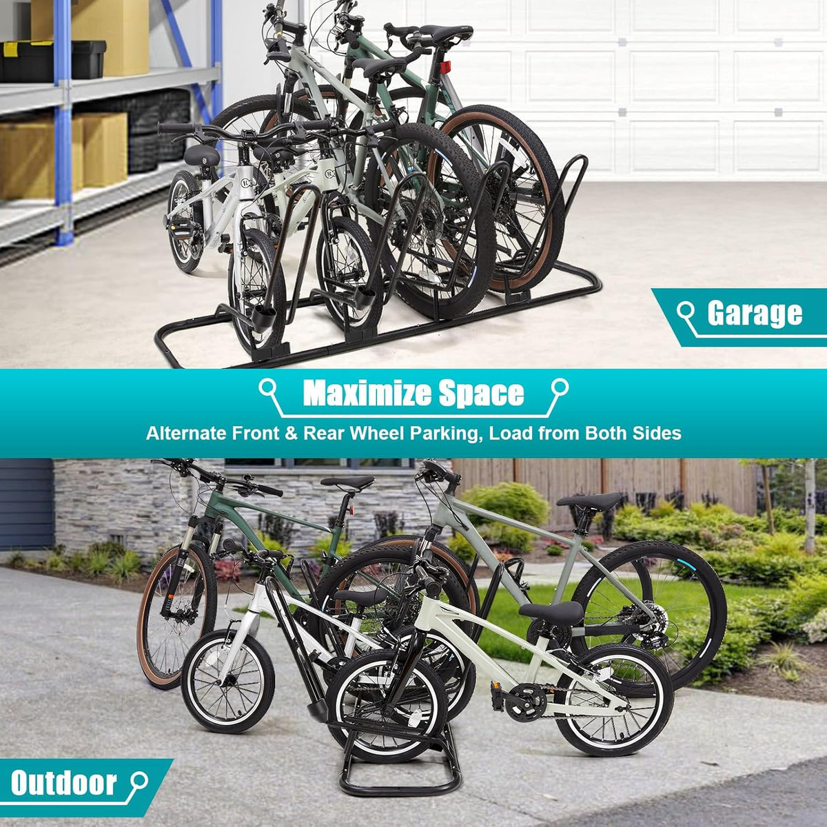 Floor Bike Rack for 4 Bikes, Bike Stand Anti-Collision Protects Disc Brake & Derailleur, Bicycle Holder Road/Kids/MTB Bicycles, Fits 12"-29" Tires, for Indoor Outdoor Garage