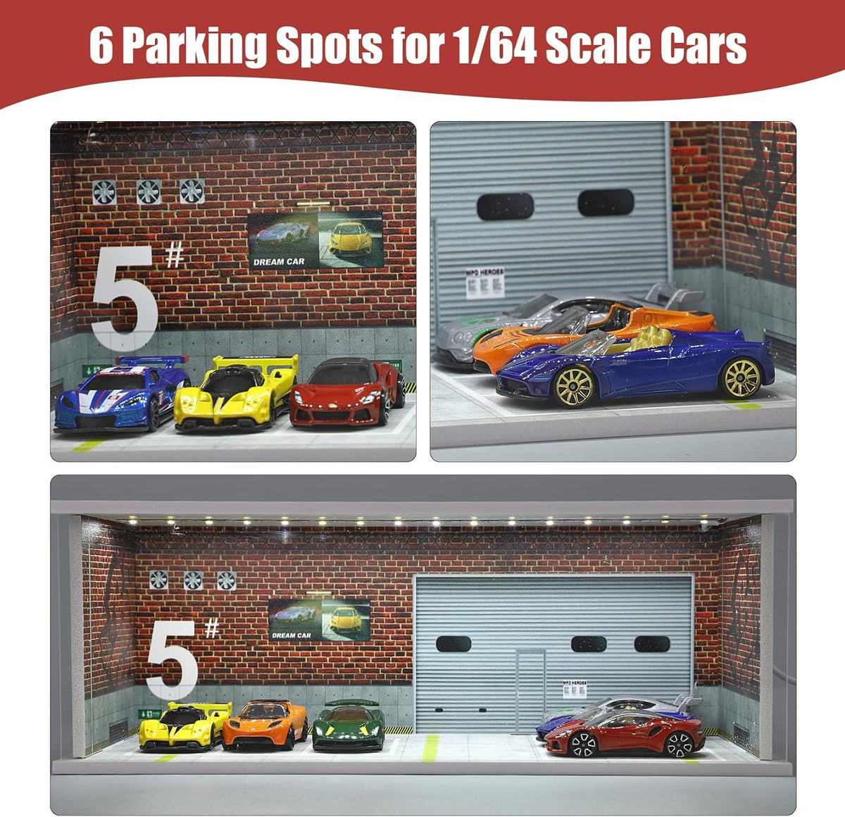 Display Case for Hot Wheels: Stackable Parking Garage for 1/64 Scale Matchbox Toy Car, FoamBoard Storage for Monster Trucks with LED Light and Acrylic Cover, Repair Store