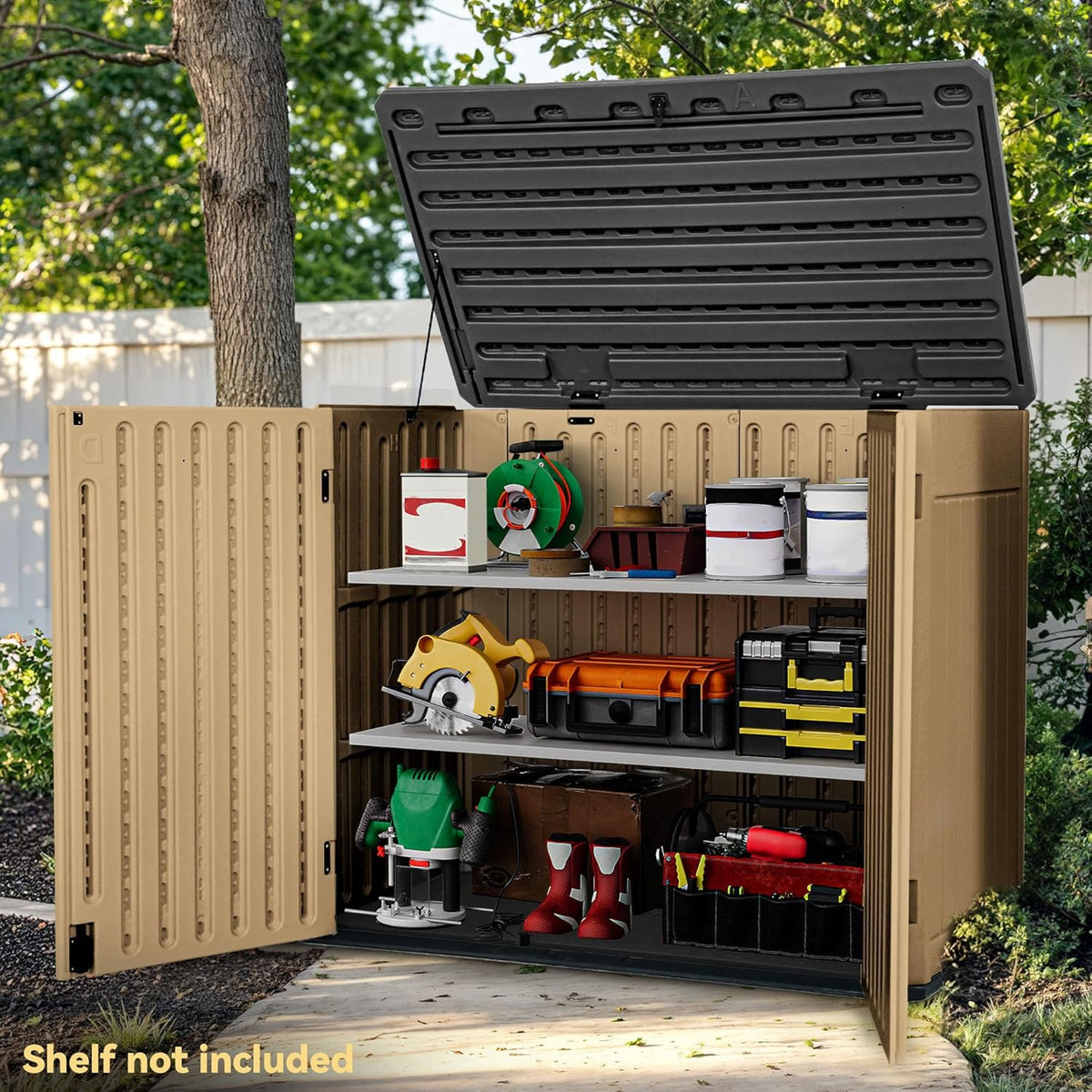 DWVO 47 cu ft Spacious Horizontal Storage Unit, Outdoor Resin Tool Locker Without Shelf, Waterproof Lockable Container with Base for Gardening, Waste Bins, Grass Cutter, 4.5x2.8x3.9 ft, Brown