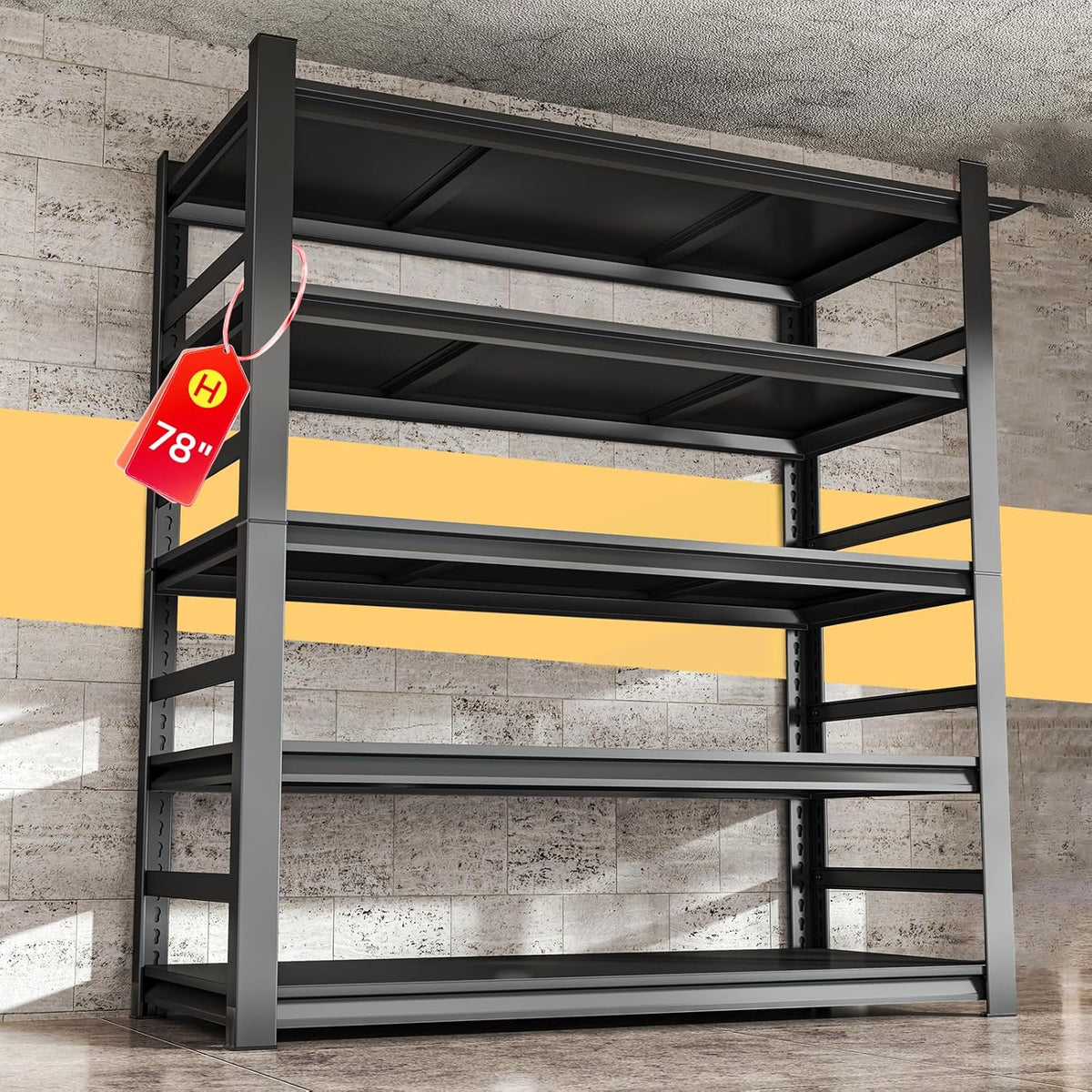 48" W,Heavy Duty 5-Tier Steel Garage Shelving Unit | 3800LB Capacity| Garage & Basement Storage | Industrial-Grade Metal Shelving for Warehouses & Workshops | Adjustable, Rust-Resistant, Black