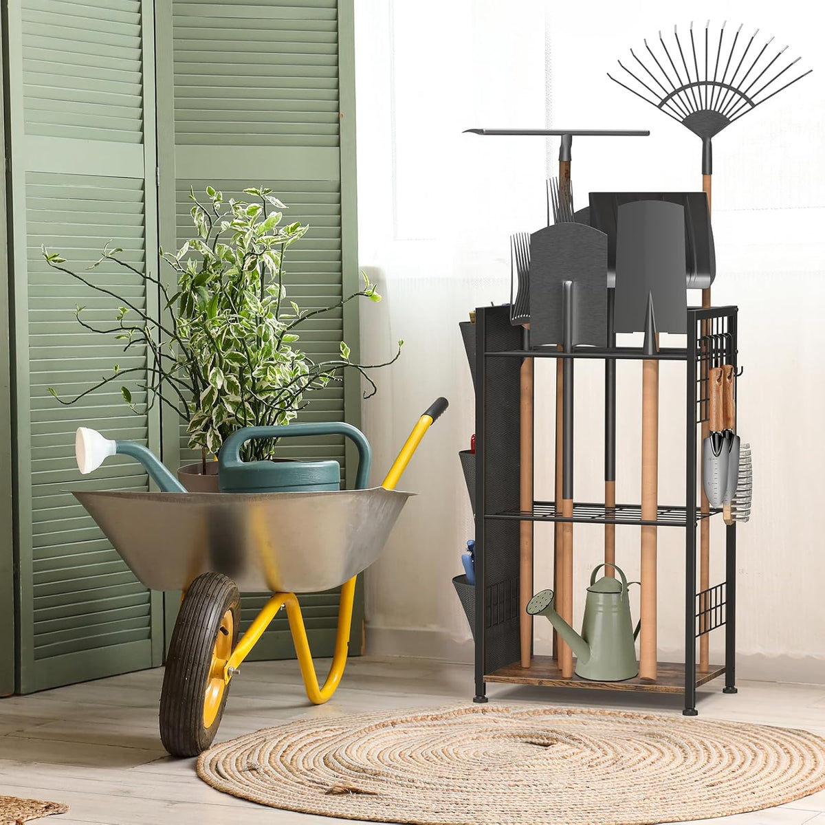 YBING Garden Tool Organizer, Yard Tool Stand with Side Storage Pockets, Yard Tower Rack for Garage Storage, Freestanding Tools Organizers and Storage for Shed, Brown
