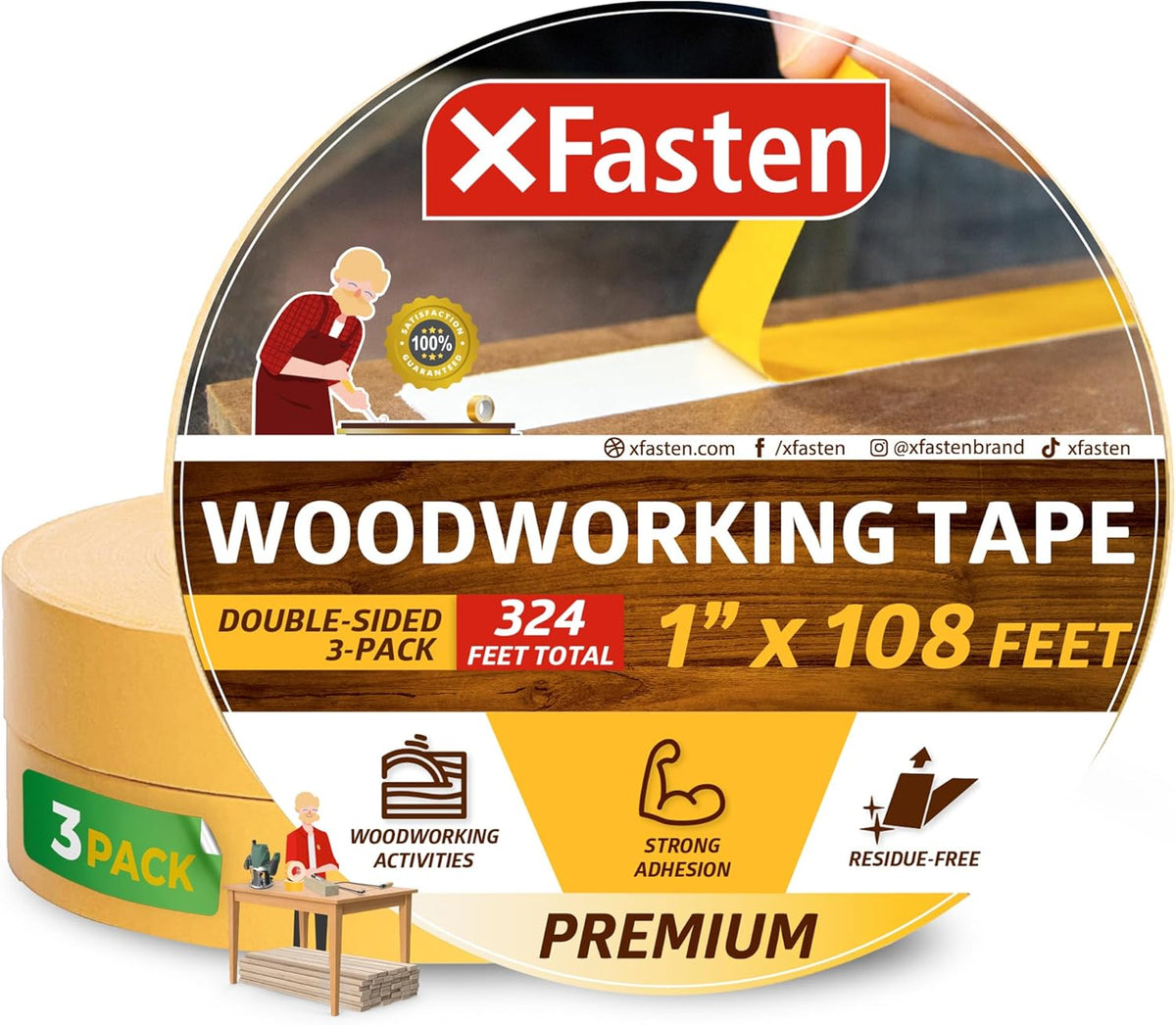 XFasten Double Sided Woodworking Tape 1 Inch x 108 Feet (3-Pack), Residue-Free, Removable Double Sided Woodworking Masking Tape for Wood Template, Mounting Boards MDF Edge Banding, Routing, Anchoring