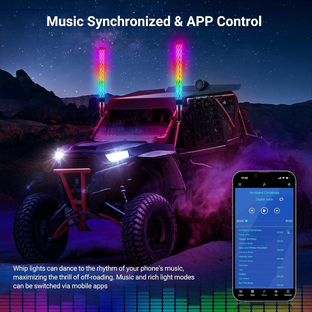 2PCS 1FT Fat Whip Lights for UTV ATV with Spring Base, Led Fatty Whip Light W/Rocker Switch & 6 Flags, Brighter Spiral Chasing Lighted Antenna Whip with APP & Remote Control for RZR SXS Can-Am