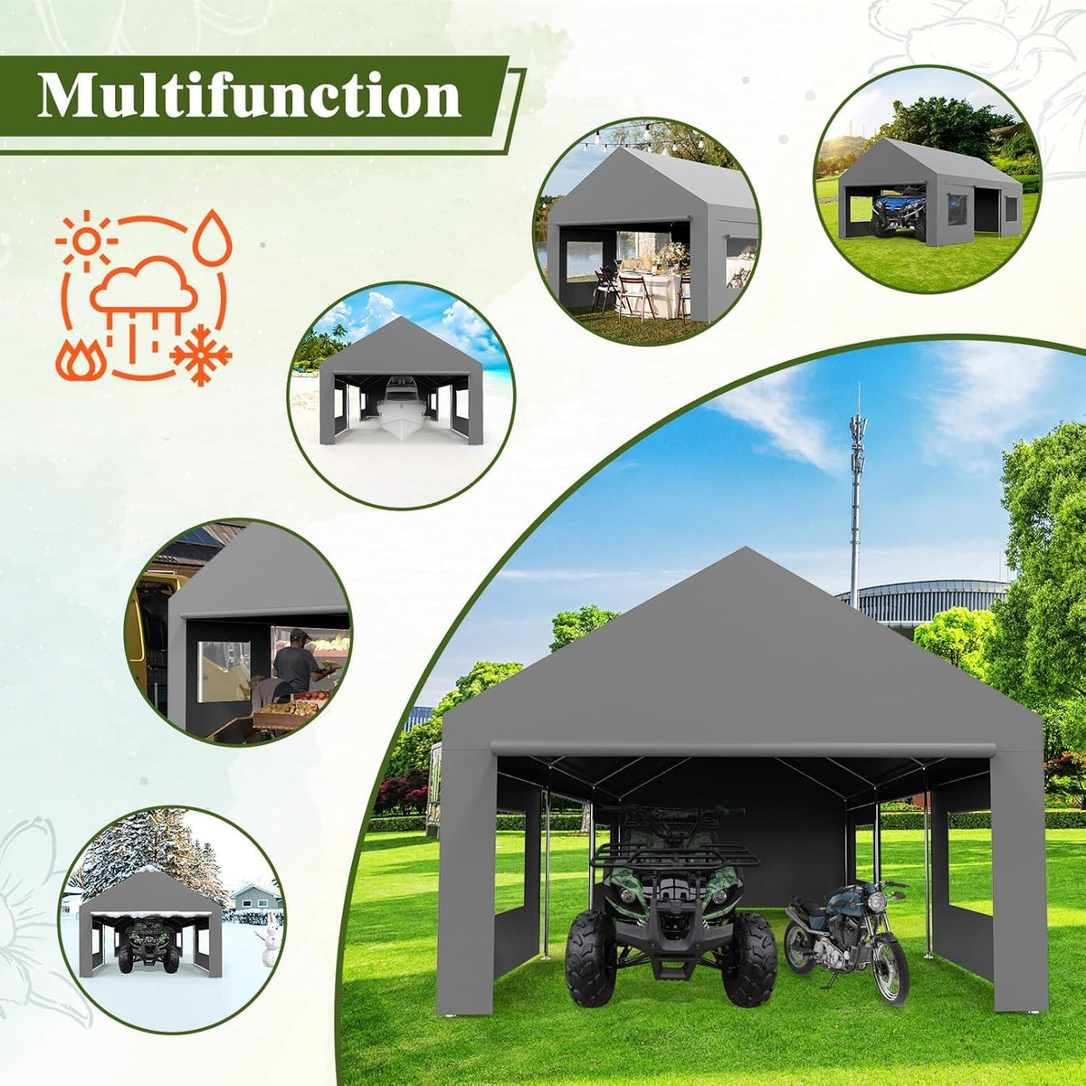Heavy Duty Carport 13x20 FT Oversized Portable Garage with 4 Doors & 4 Windows, Reinforced Frame, All Weather Protection Outdoor Shelter Canopy for Cars, Boats, Trucks, BBQ and Gatherings (Gray)