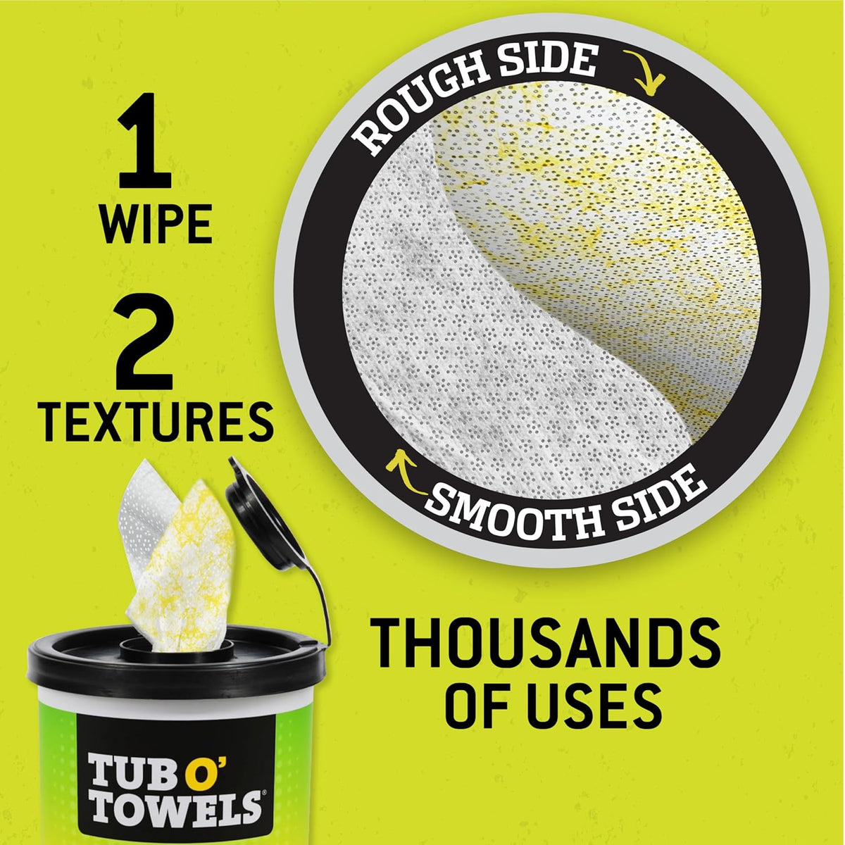Tub O’ Towels TW75 Heavy-Duty 10" x 12" Size Multi-Surface Cleaning Wipes, Dual Texture, 75 Count Per Canister, 2 Pack