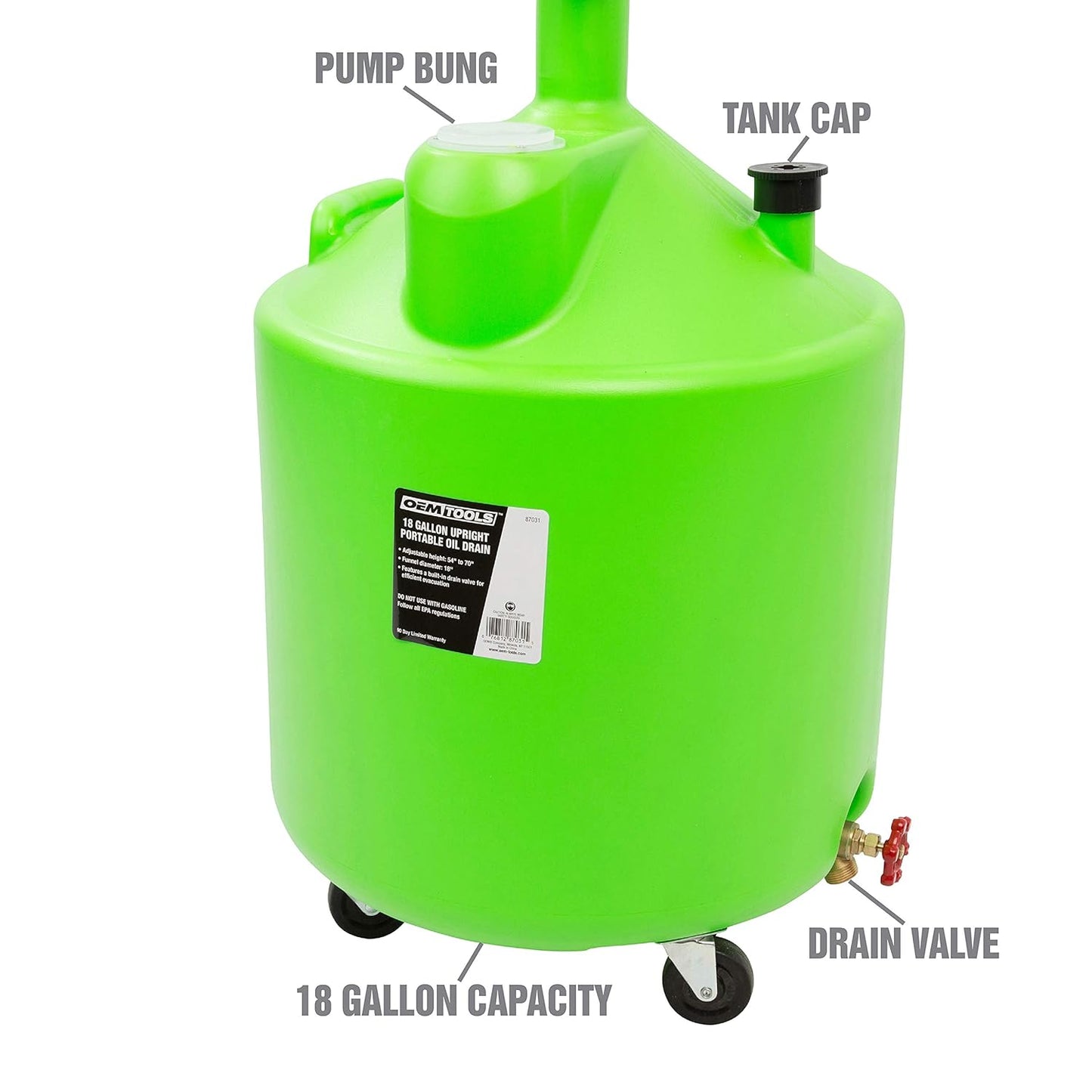 OEMTOOLS 87031 18 Gallon Oil Drain Container, Upright Adjustable Oil Drain Tank with Funnel, Waste Oil Container for Automotive Oil Changes
