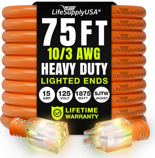 75ft Outdoor/Indoor Extension Cord 10/3 Gauge Ultra Heavy Duty 3 Prong SJTW, Waterproof, Flexible Cold-Resistant Long Power Cord,15A 125V 1875W, Orange by LifeSupplyUSA