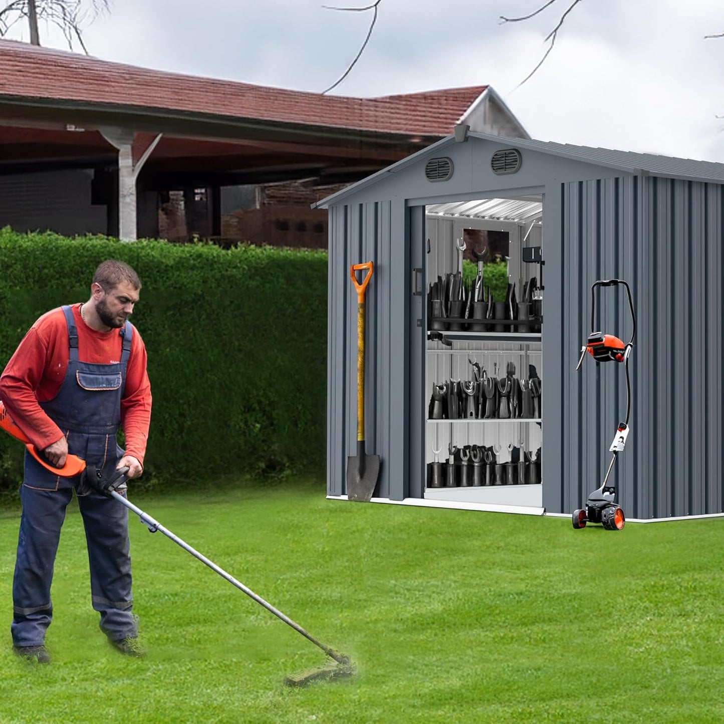 LANTRO JS 10x8FT Metal Outdoor Storage Shed, Garden Tool Shed Without Floor, Garage Shed with Window and Lockable Doors, for Garden Bike Lawnmower