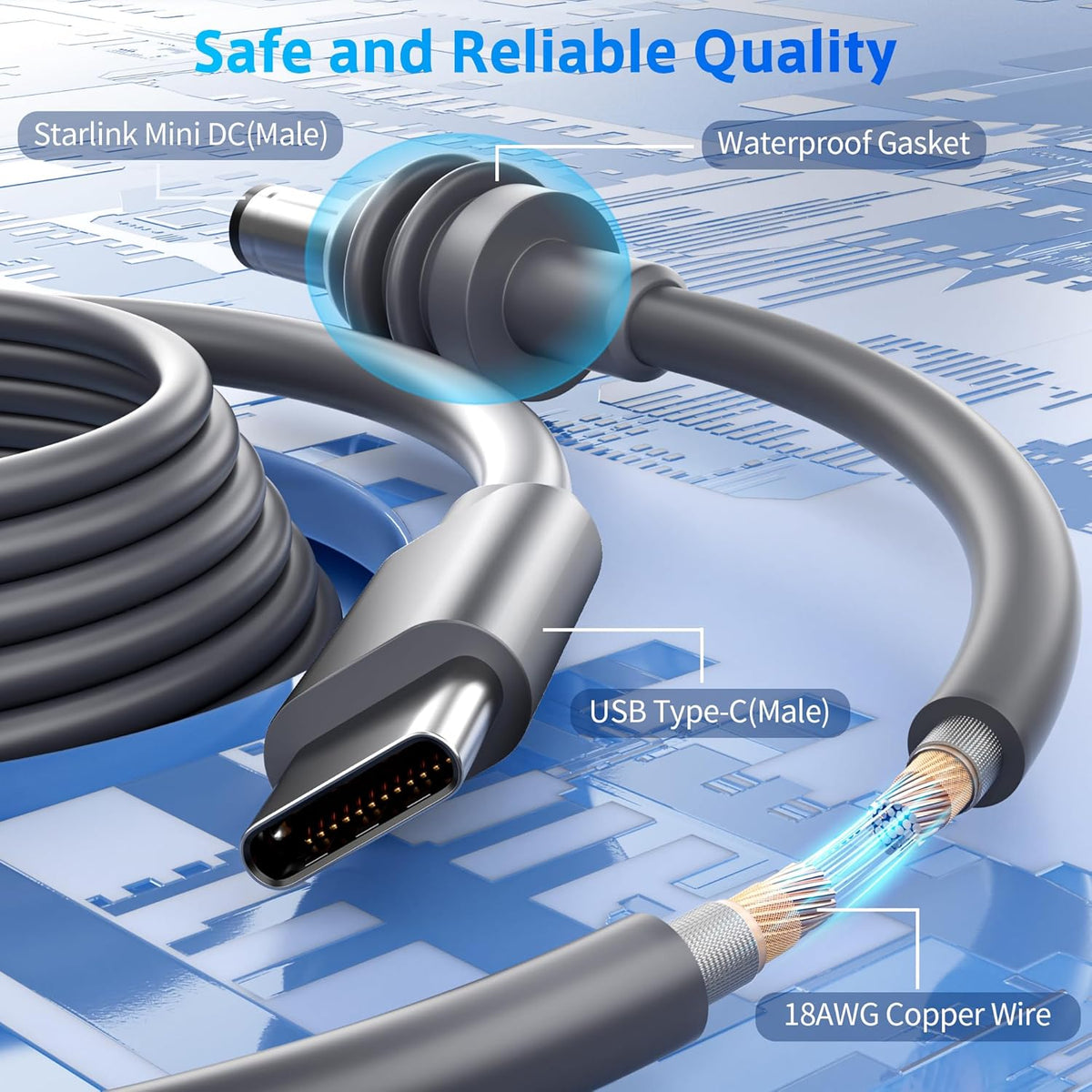 Starlink Mini Cable 10FT/3M DC Power Cable Type C to DC Replacement 18AWG for Starlink Accessories Charging Cord Waterproof