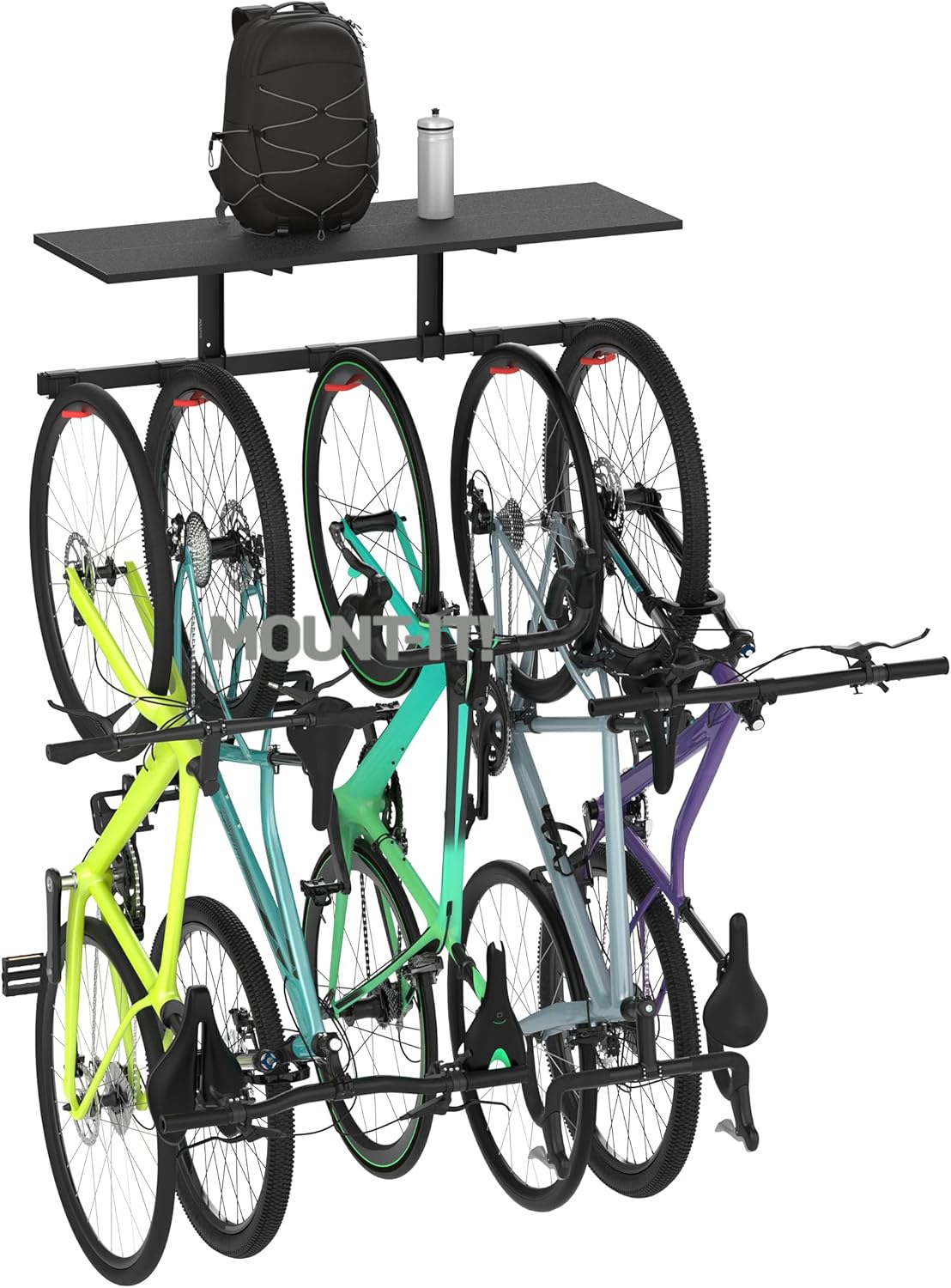 Mount-It! WheelsUp Bike Storage Rack with Shelf | Wall Mounted Garage Organizer Holds 5 Bikes | Adjustable Padded Hooks, Max Capacity 385 lbs | Space-Saving Solution