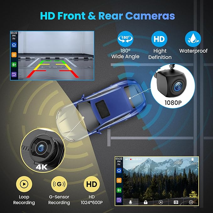 BIGASUO Apple Carplay & Android Auto Screen for Car 4K Dash Cam, 9" HD Touchscreen with 1080P Backup Camera, GPS Navigation/Mirror Link/Voice Control/Bluetooth Fits All Cars