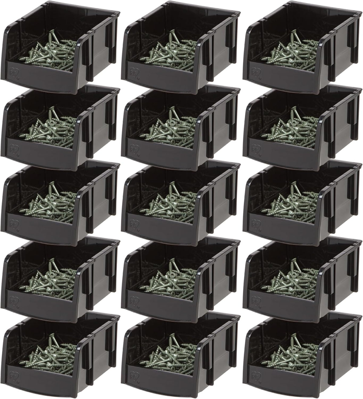 IRIS USA Stackable Bins, 5.5 x 4.5 x 3 inch, Plastic Hanging Open Front Shelf Bin Storage Organizer for Hardware, Craft Supplies, Small Parts, Nuts and Bolts, Garage Organization, 15 Pack- XS, Black