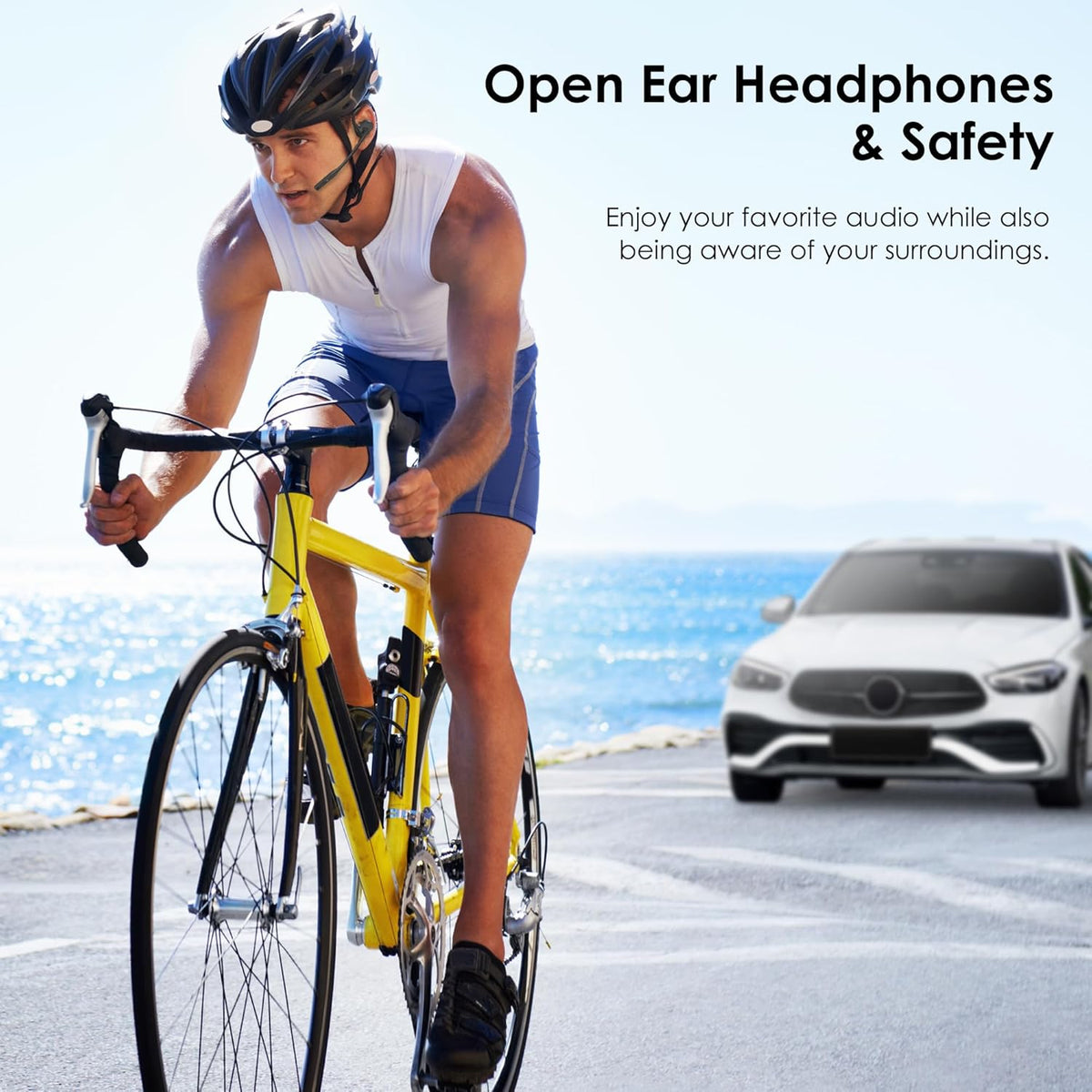 Open Ear Headphones with Mic, Bluetooth 5.3 Headset with AI Noise Cancelling Mic & Mute Function, Wireless Headset for Work, Sports, Drive (Dark Black)