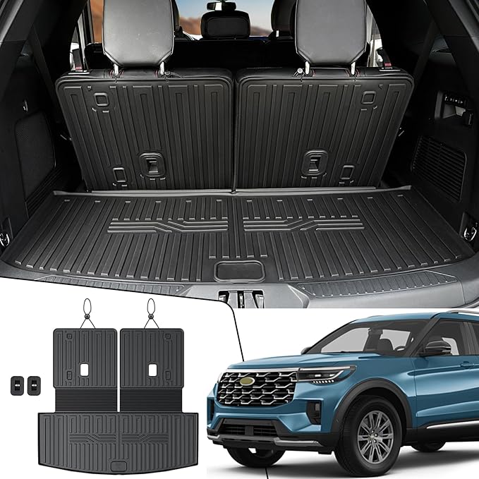 Cargo Mat with Backrest Mats for 2020-2024 2025 Ford Explorer Car Mat Accessories, All Weather TPE Cargo Liner Trunk Mat Active/ST Line/ST/Platinum(Cargo Mat with Backrest Mats)