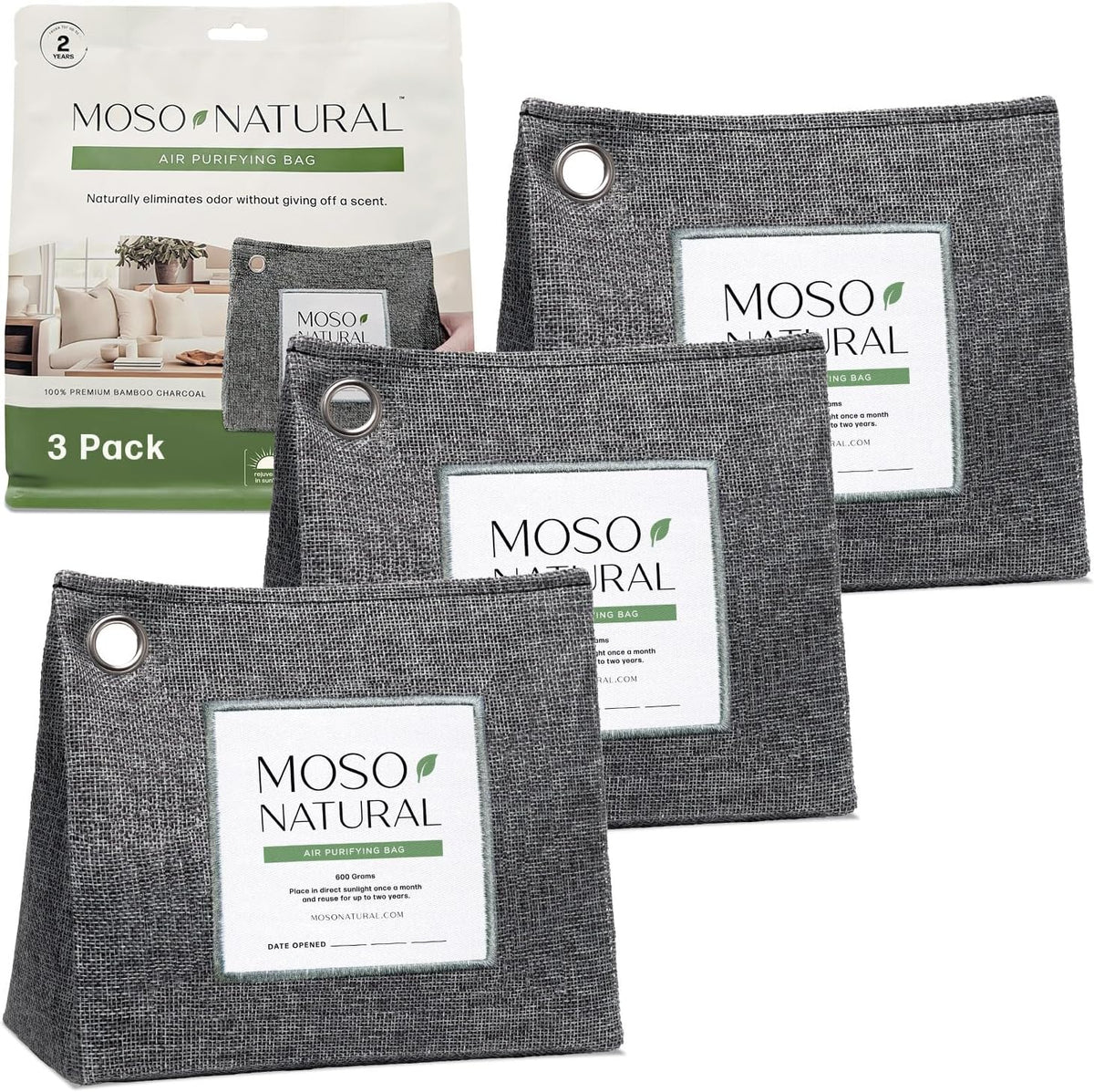 Moso Natural Air Purifying Bag 600g (21oz) Premium Bamboo Charcoal Odor Absorber | Room Deodorizer for Large Spaces, Bedroom, Kitchen, Basement | Pet Odor Eliminator for Home | Unscented (3 Pack)