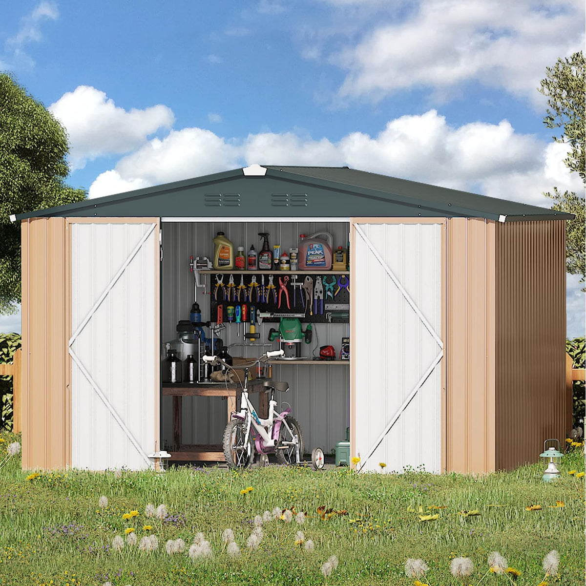 U-MAX 8' x 10' Metal Storage Shed for Outdoor, Yard Steel Shed with Design of Lockable Doors, Utility and Tool Storage for Patio, Garden, Backyard, Outside use