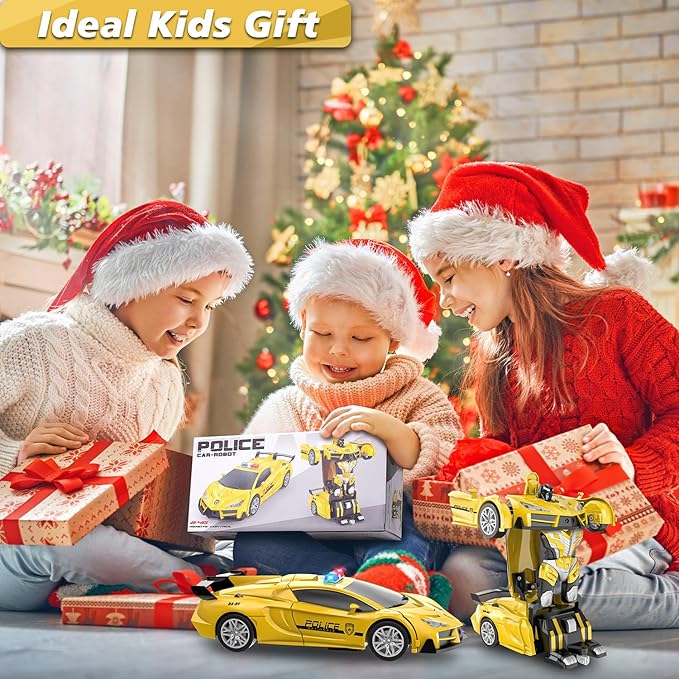 Remote Control Car for Boys 4-7, 2.4GHz RC Car 1:18 Scale, One-Button Transforming Toy with 360° Spins, LED Lights（Yellow）