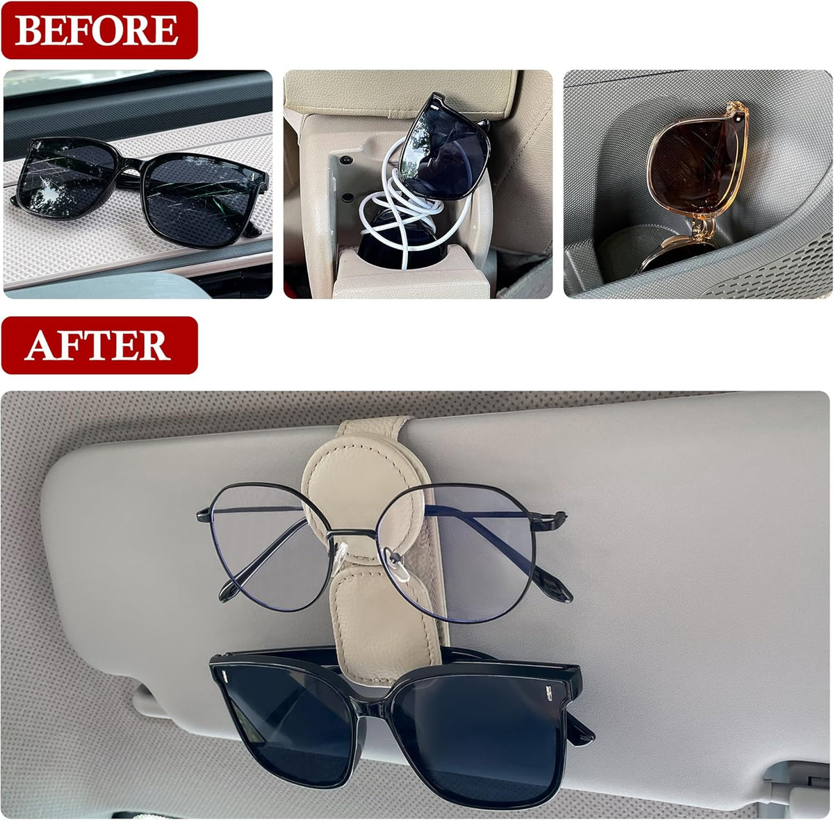 KIWEN Sunglasses Holder for Car Visor, Magnetic Leather Sunglass Eyeglass Hanger Clip for Car Sun Visor Accessories (1, Beige)