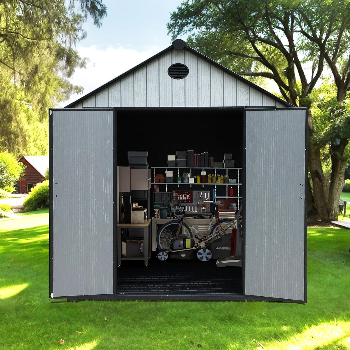 9×7 FT Outdoor Storage Shed, Large Backyard Sheds with Door, All-Weather Plastic Shed with Window, Vents, for Backyard, Patio, Lawn (9×7 FT)