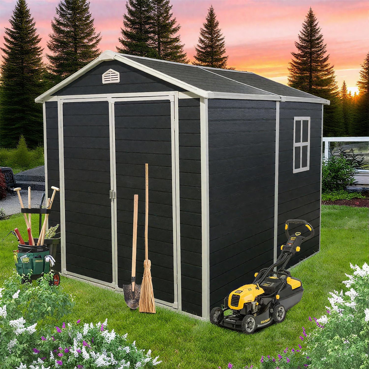 6x8 FT Outdoor Storage Resin Shed with Floor,Waterproof Plastic Garden Bike Shed with Lockable Door, Sloped Roof, Vents & Windows, Easy Assembly Tool Shed for Lawn, Backyard, Patio, Black