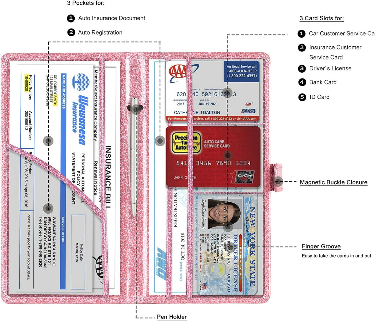 TOURSUIT Car Registration and Insurance Card Holder, Vehicle License Document Glove Box Compartment Organizer, Interior Car Accessories for Women Men (Glitter Pink)