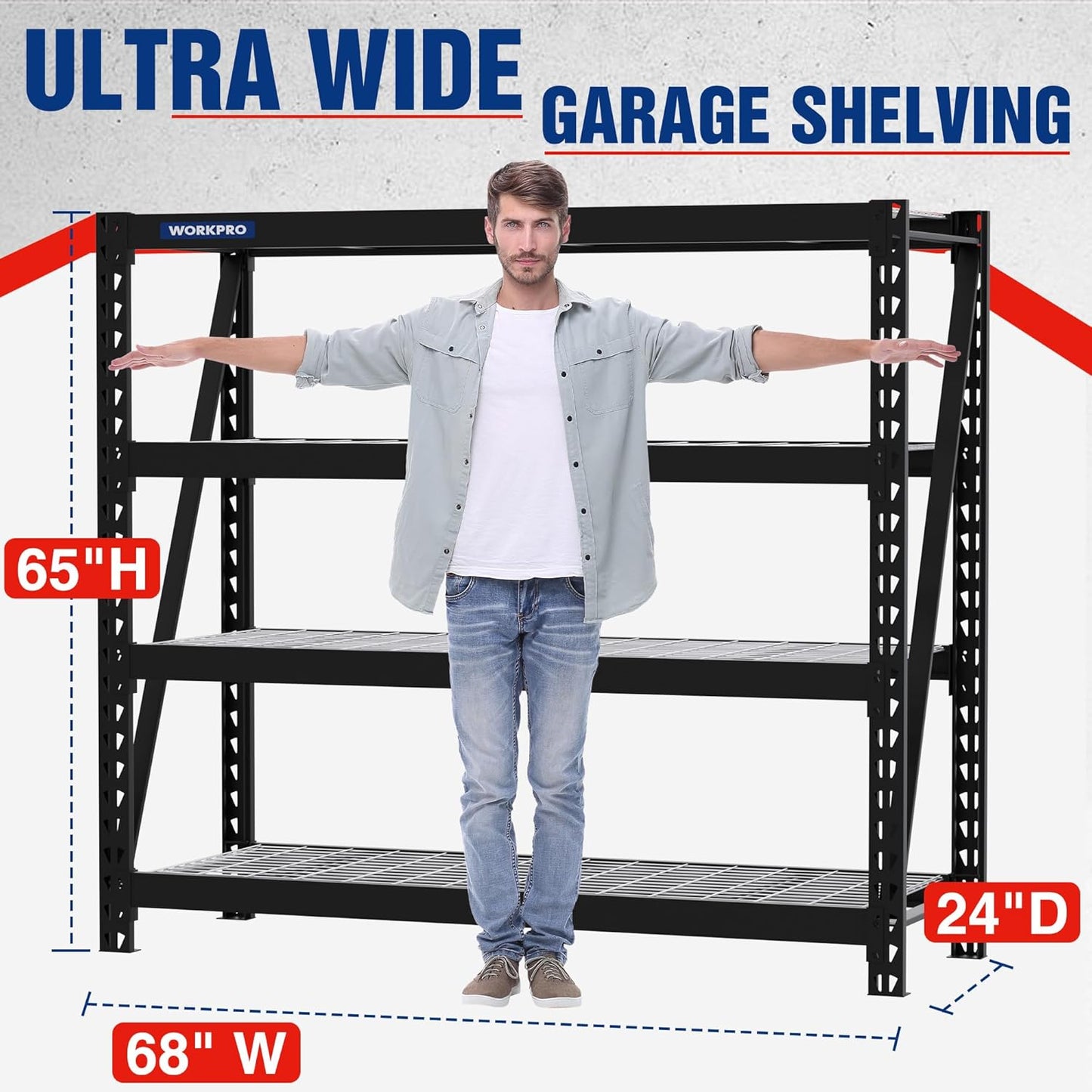 WORKPRO Garage Shelving, 68" W x 24" D x 65" H, 7200 LBS Load, Heavy Duty Metal Shelving for Storage, Industrial Shelving Storage Rack for Warehouse Kitchen Shop Basement, Black, Pack of 2
