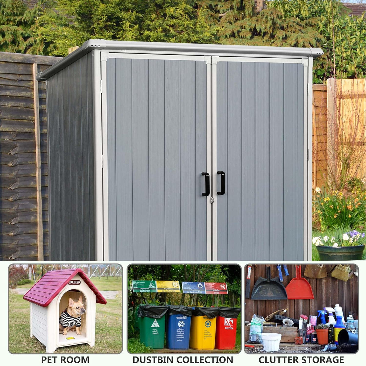 5 X 3 Ft Outdoor Storage Shed with Floor, Weatherproofing Garden Tool Shed with Lockable and Sloping Roof Design, Outdoor Resin Shed Cabinet for Backyard Patio and Garden (White+Gray)