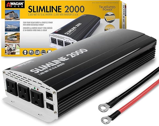 Wagan EL3724 2000W Slim Line AC to DC Power Inverter 2000W TrueRated Continuous 4500W Surge Power DC 12V to AC 110V Power Inverter with 3 AC Outlets and 2A USB Charging Port