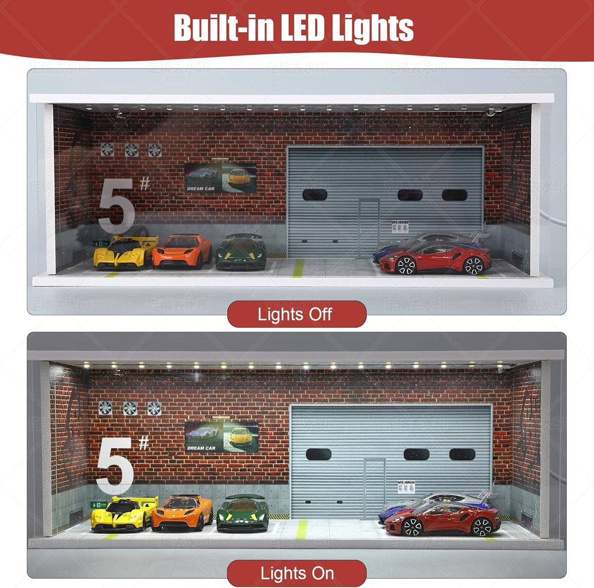 Display Case for Hot Wheels: Stackable Parking Garage for 1/64 Scale Matchbox Toy Car, Foamboard Storage for Monster Trucks with LED Light and Acrylic Cover, Depot