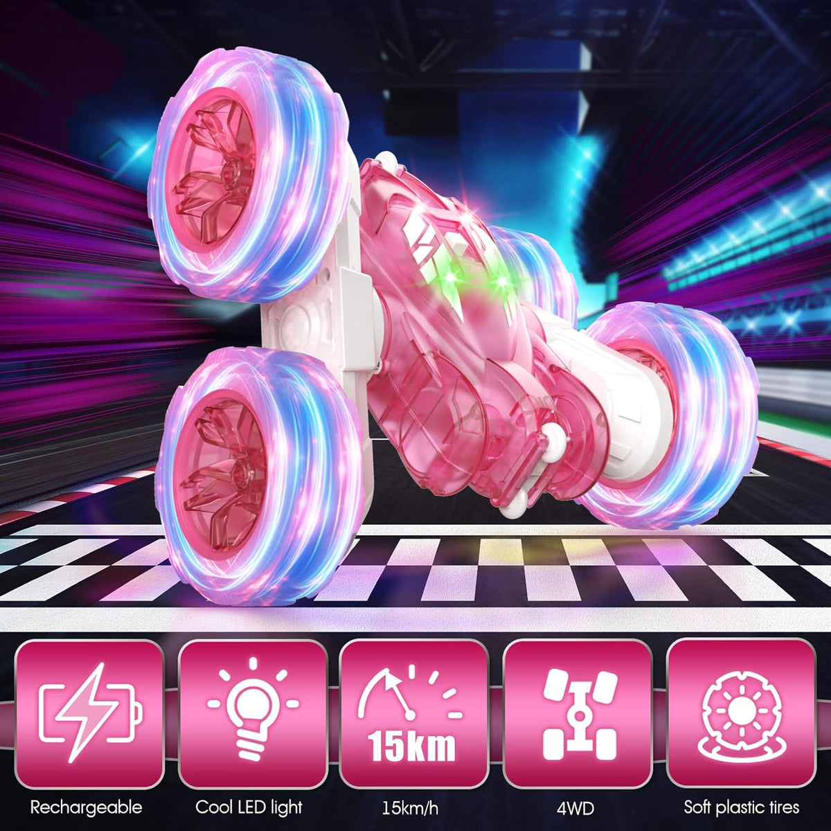 Pink Remote Control Car for Girls Rechargeable Fast Direct Charging RC Cars for Kids with Colorful Light,Double-Sided 360° Rotating RC Stunt Car 4WD RC Car Toys for Ages 5-7 Gift for Girls Aged 6-12