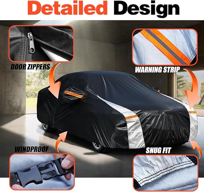 12-Layer Custom Fit Car Cover for Tesla Model 3 (2017-2025), Upgraded Waterproof All-Weather Full Exterior Cover with Door Zipper and Charging Port, for Snow Rain Dust and Sun UV Protection-Black.