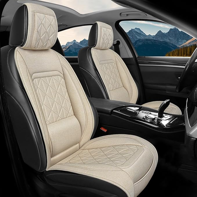BABYBLU Linen Car Seat Cover for Cars - Durable & Non-Slip - Front Car Seat Protector Covers for Most Automotive, Vans, SUVs, Trucks