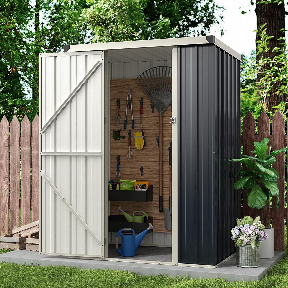Goplus 3.8 x 2.8 FT Storage Shed Outdoor, All-Weather Steel Utility Storage House w/Lockable Door, Snap-on Arrow Leaning Organizer, Bike Tool Garden Sheds for Yard Lawn Patio