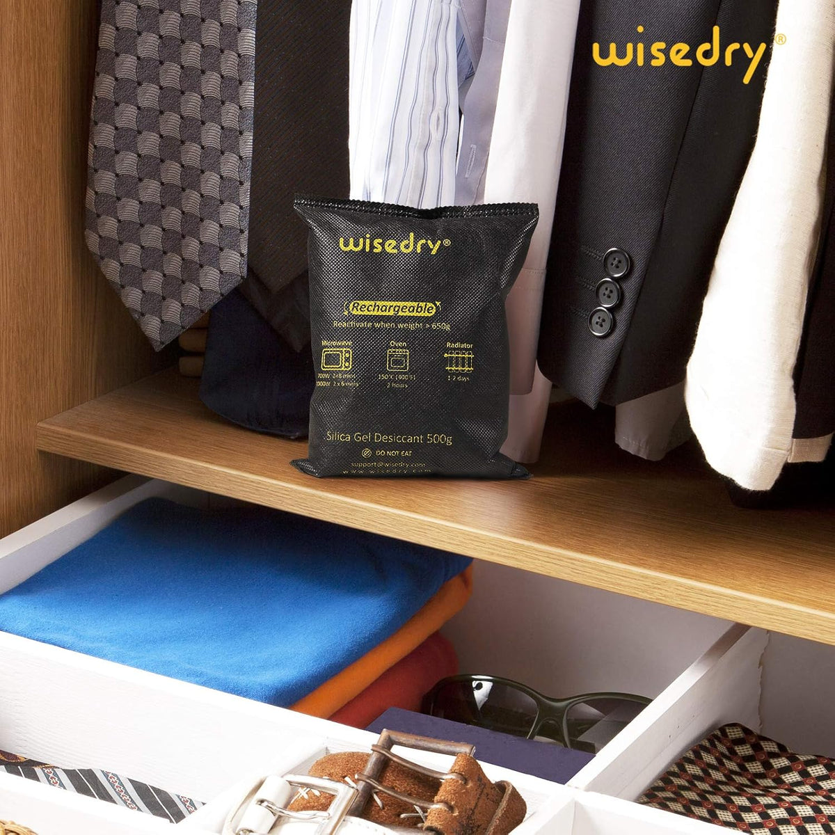 wisedry 4 x 500 Grams [4.4 lbs] Rechargeable Silica Gel Car Dehumidifier, Microwave Fast Reactivated Desiccant Packets Large for Gun Safe Closet Basement Garage Storage Moisture Absorber Bag Reusable