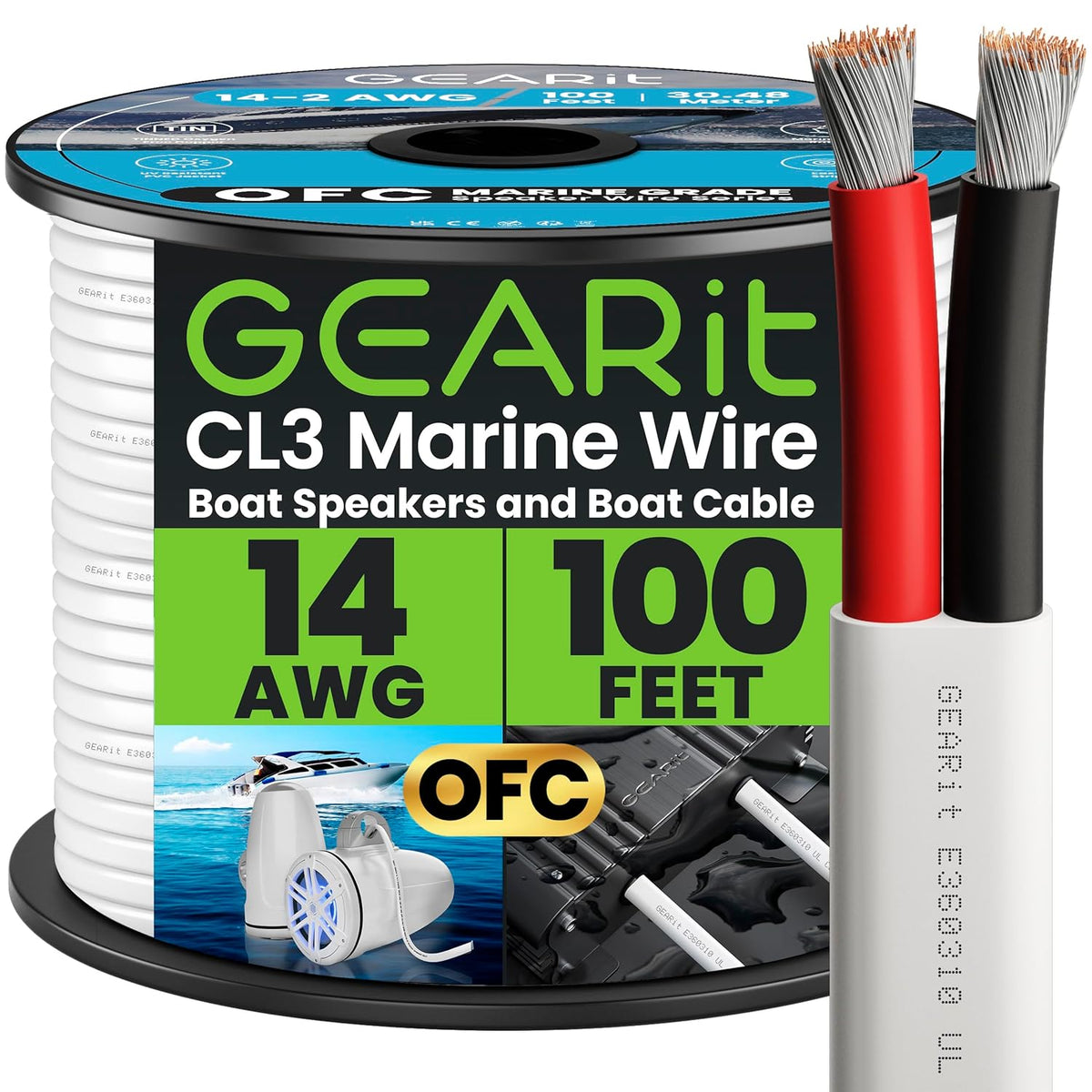 GEARit Marine Wire 14 Gauge 14/2 AWG (100 Feet), Duplex Marine Grade Tinned Copper, Red & Black 2-Conductor Electrical Cable, Oxygen-Free, Insulated for Boat, RV, Camper, Trailer, Automotive