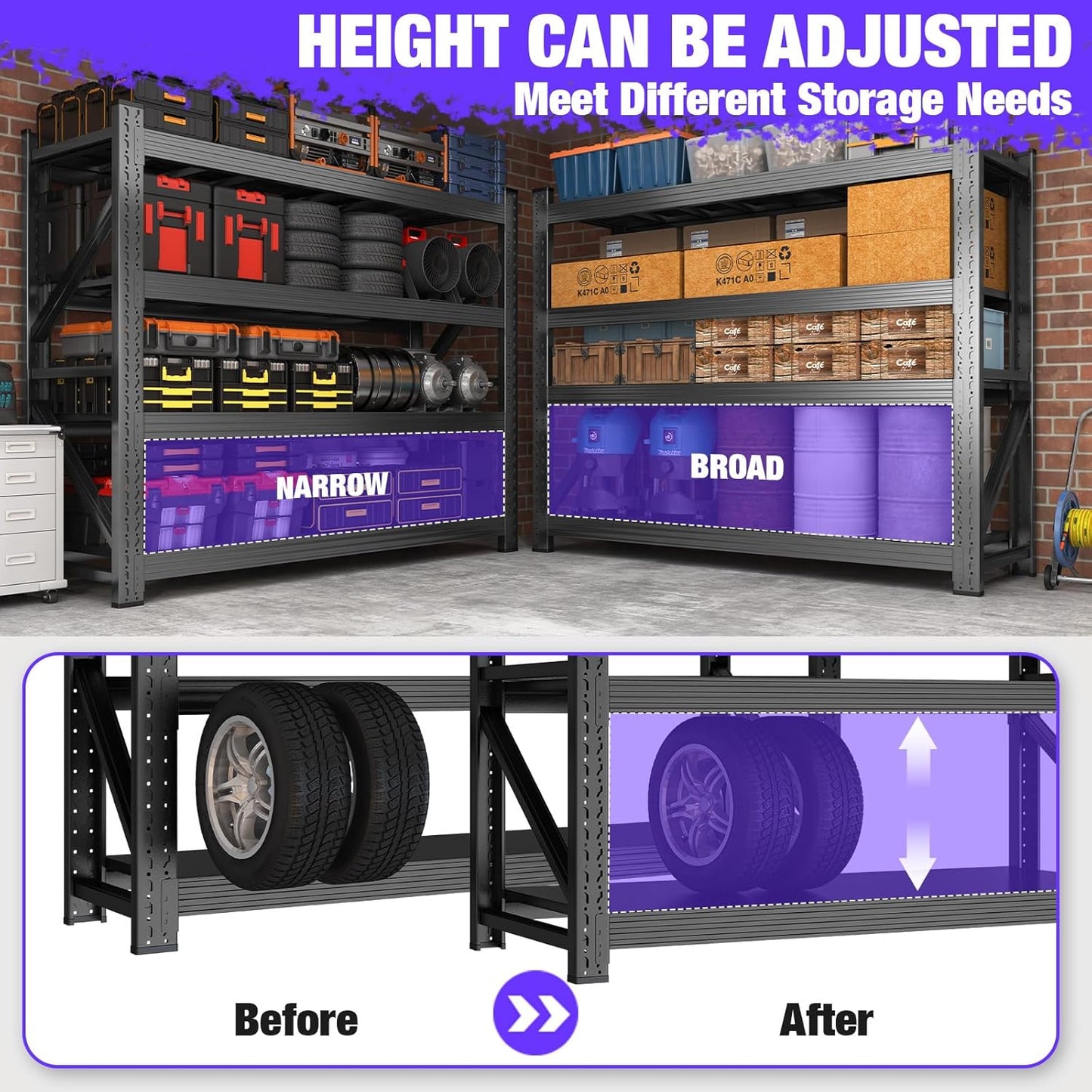 Metal Garage Shelving Unit, Heavy Duty 4-Tier Adjustable Storage Rack, 6000 LBS Loads Industrial Utility Shelves for Garages, Warehouses, Kitchen, Black, 63" W x 24" D x 63" H