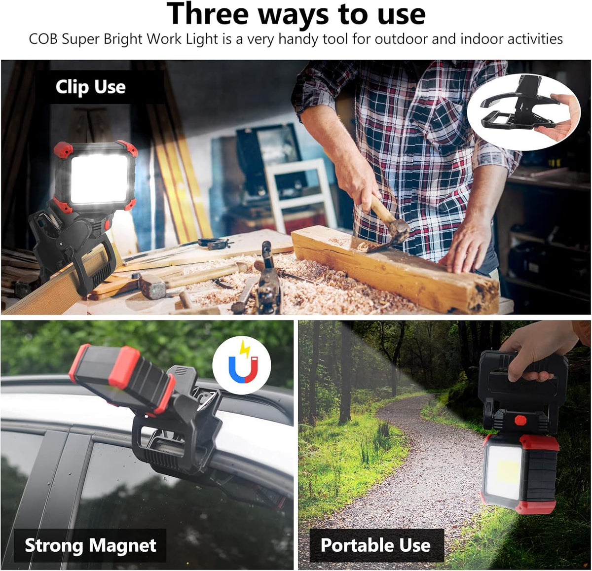 LED Rechargeable Work Light with Clamp, 2Pack 2100LM COB Magnetic Work Light with 3 Light Modes, 270° & 180° Rotation, Waterproof, Perfect for BBQ, Jobsite, Workshop, Car Repairing