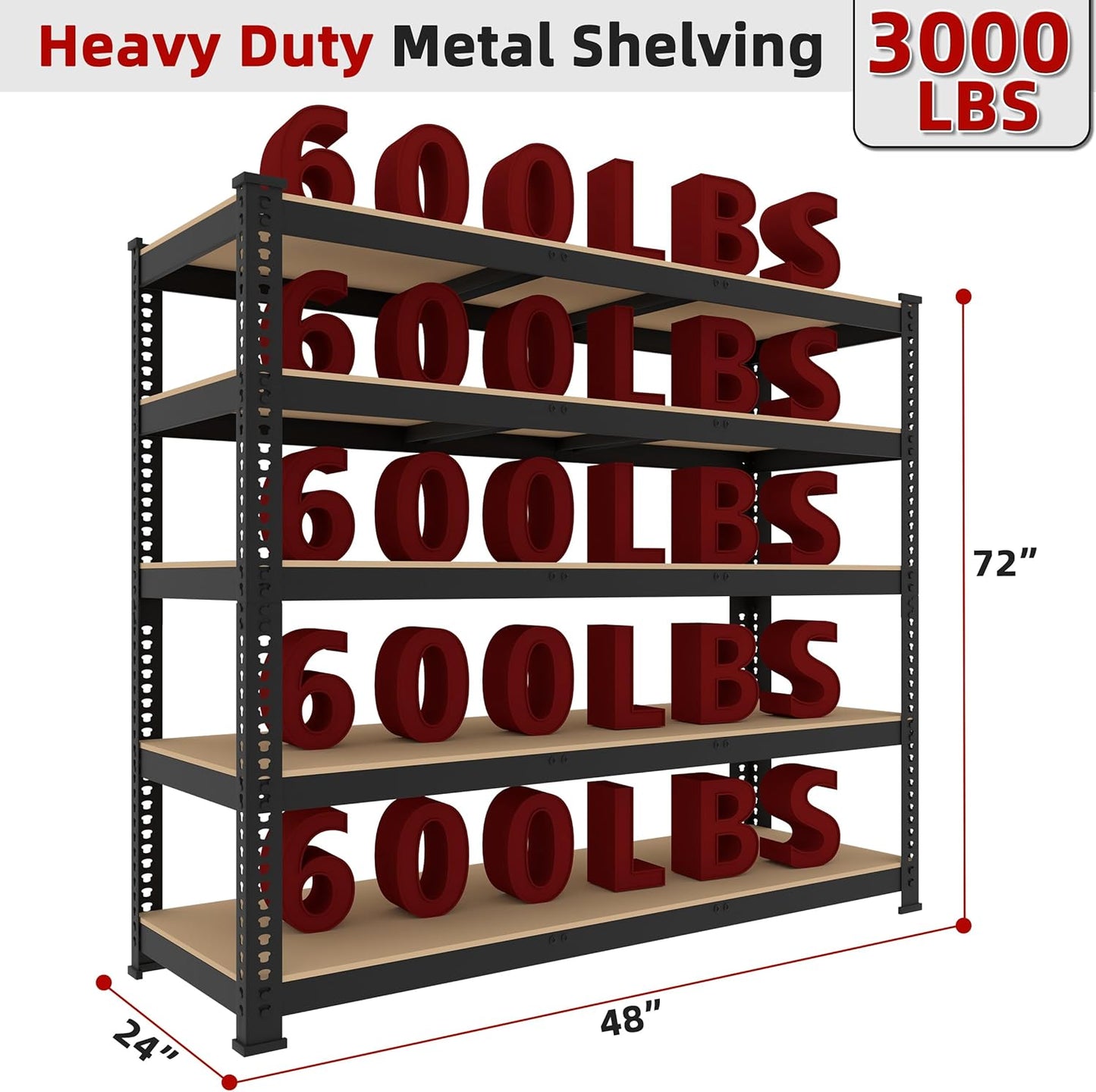 3 Packs 48" W x 24" D x 72" H Adjustable Garage Storage Shelves - 5-Shelf Heavy Duty Shelving Unit, Metal Utility Storage Organizer Racks for Warehouse Pantry Closet Kitchen, Black
