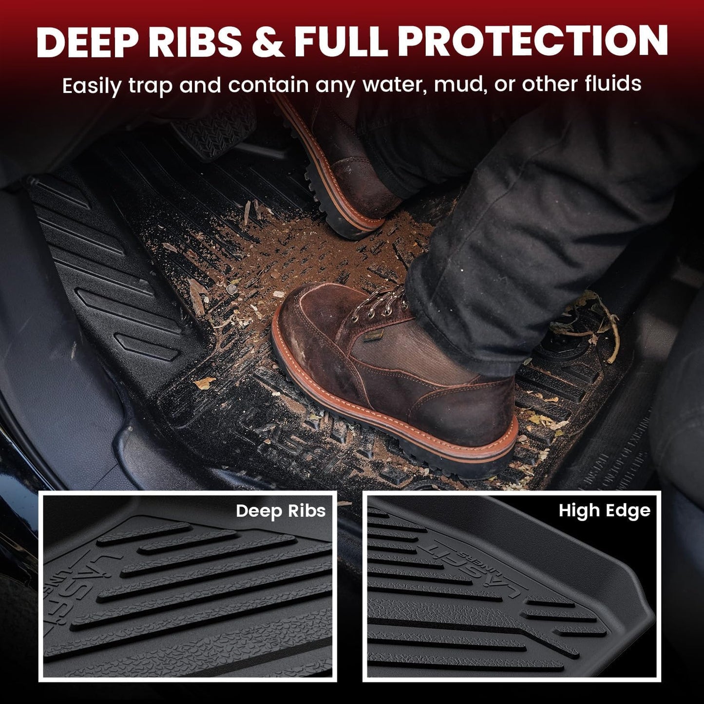 LASFIT Floor Mats and Cargo Liner for Ford Focus 2012-2018(Fit for Hatchback & Gasoline) and Focus RS 2016-2018 All Weather Custom Fit TPE Car Floor Liner, 1st & 2nd & Trunk Mat Combo Set, 4pcs Black