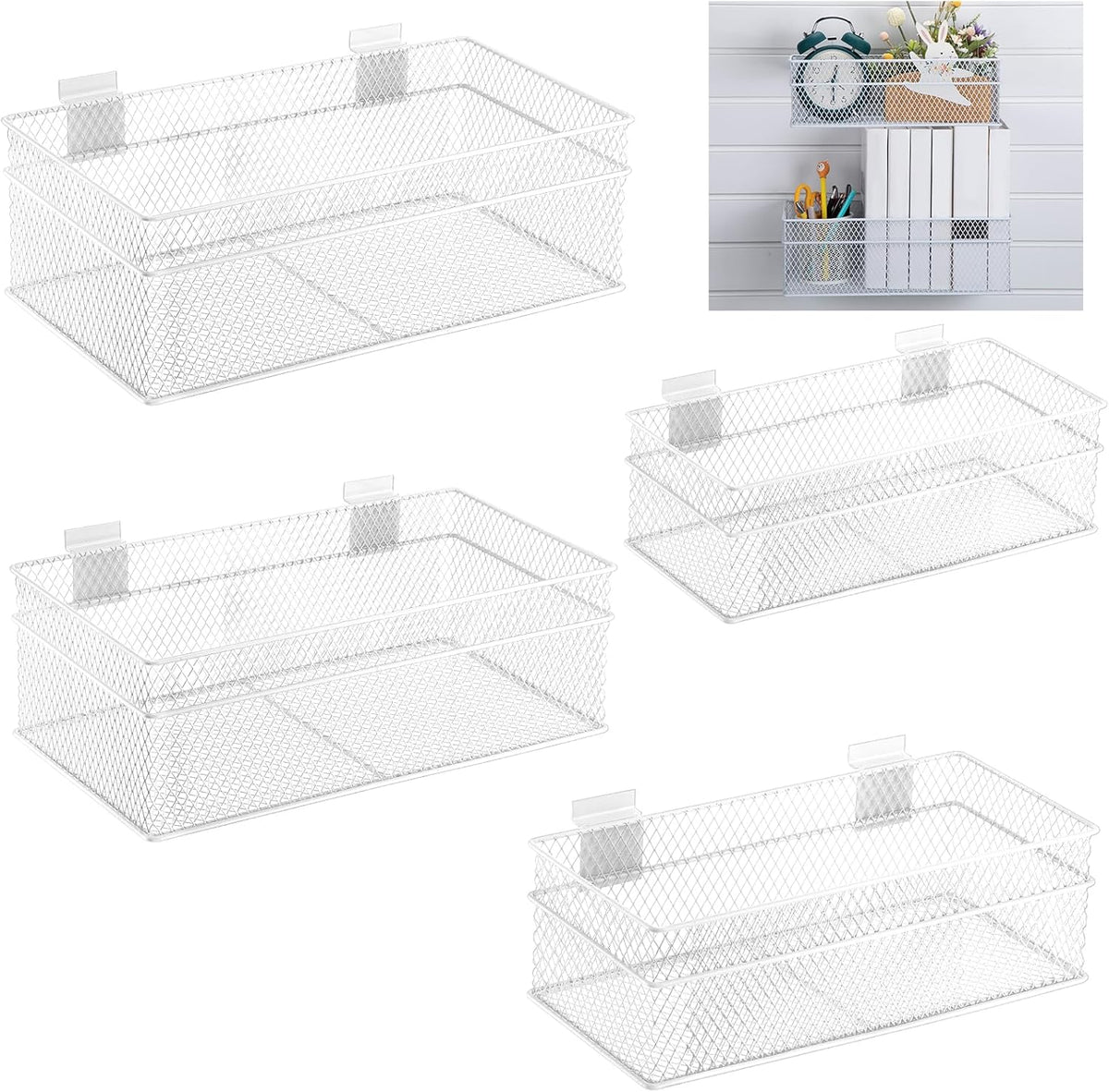 Barydat 4 Pcs Slatwall Basket Set Ventilated Metal Slatwall Basket Hanging Wire Bins Wall Mounted Accessories for Panel Garage Storage Display Organizing(Multi Size,White)