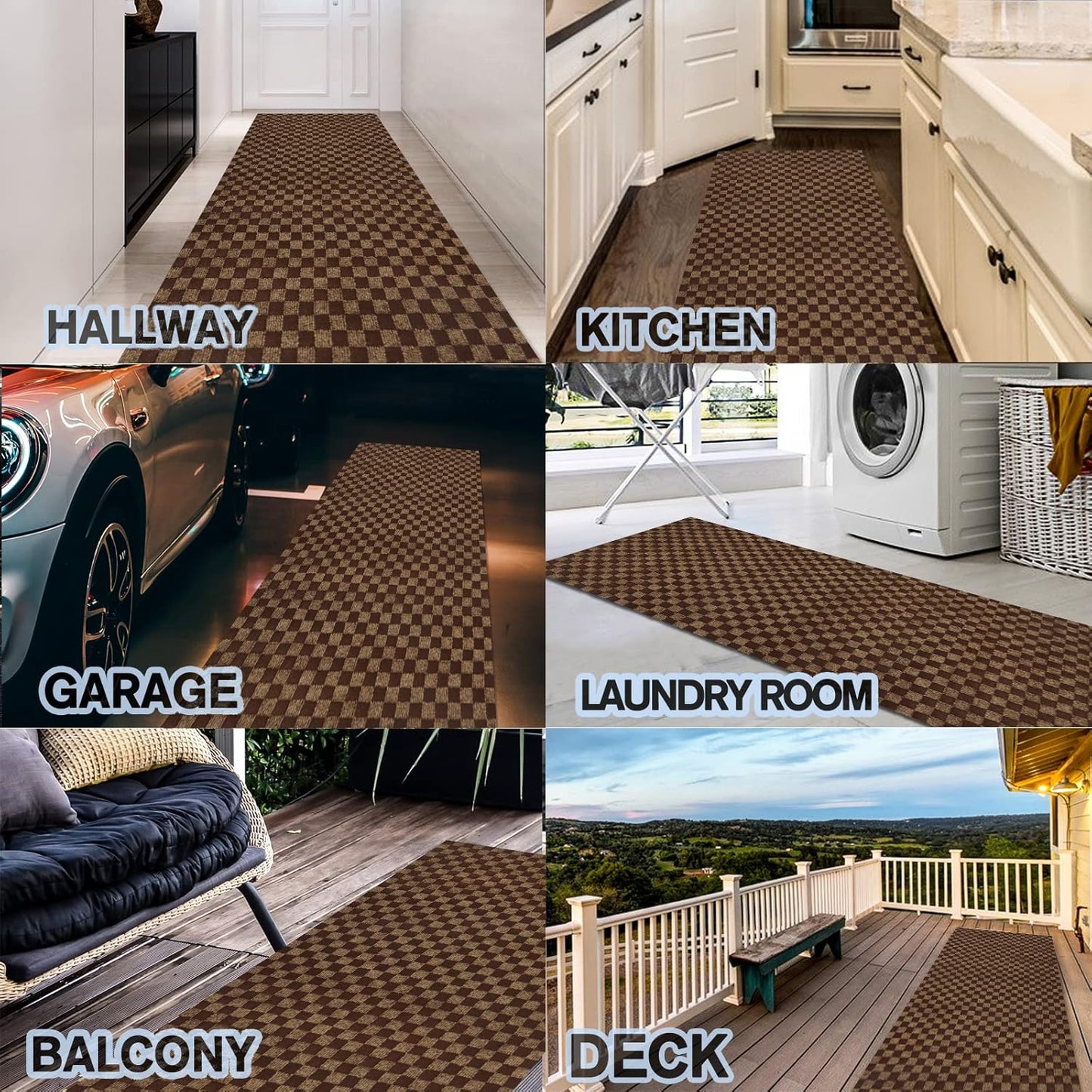 Custom Size Backed Non-Slip Area Rugs Runner, Easy Clean, Waterproof Runner Rugs for Hallway Entryway, Kitchen, Laundry, 4FT x 48FT, Brown Checkered
