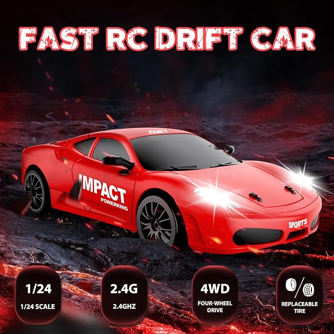 RC Drift Car, 2.4GHz Remote Control Cars 1/24 4WD High Speed Drift Car with LED Lights and Dritfing Tires Vehicle Racing Toy Cars with Two Batteries for Boys Girls Adults Kids (Red)