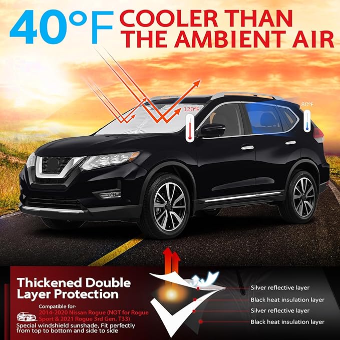 KAYZT Windshield Sun Shade for 2014-2020 Nissan Rogue (NOT for Rogue Sport & Rogue 3rd Gen) SUV Foldable Sunshade Front Window Custom Fit Car Accessories